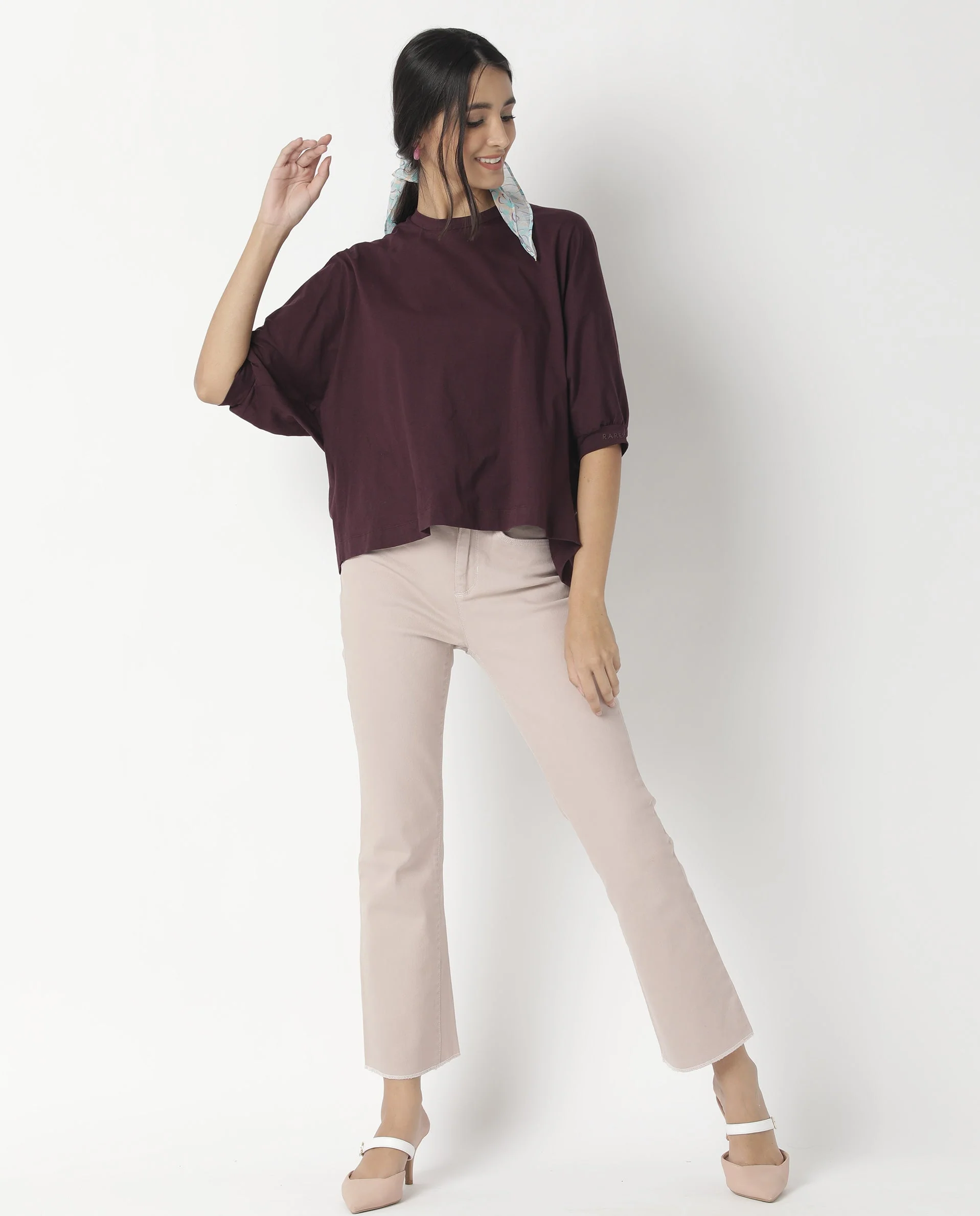 Rareism Womens Osmo Maroon Top Cotton Fabric Regular Fit Volume Sleeve Round Neck - Image 5
