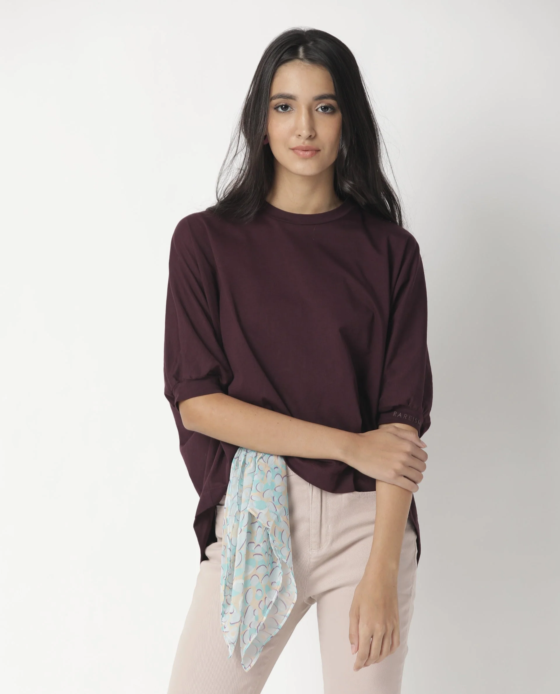 Rareism Womens Osmo Maroon Top Cotton Fabric Regular Fit Volume Sleeve Round Neck - Image 6