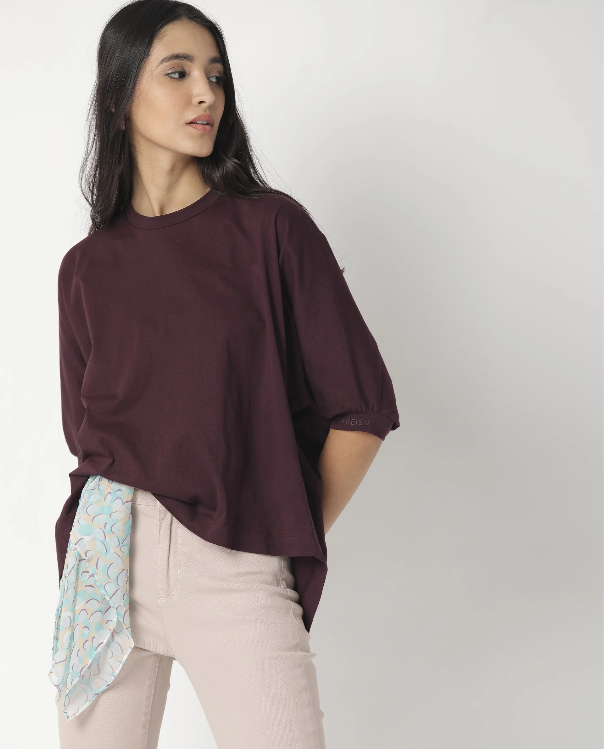 Rareism Womens Osmo Maroon Top Cotton Fabric Regular Fit Volume Sleeve Round Neck - Image 9