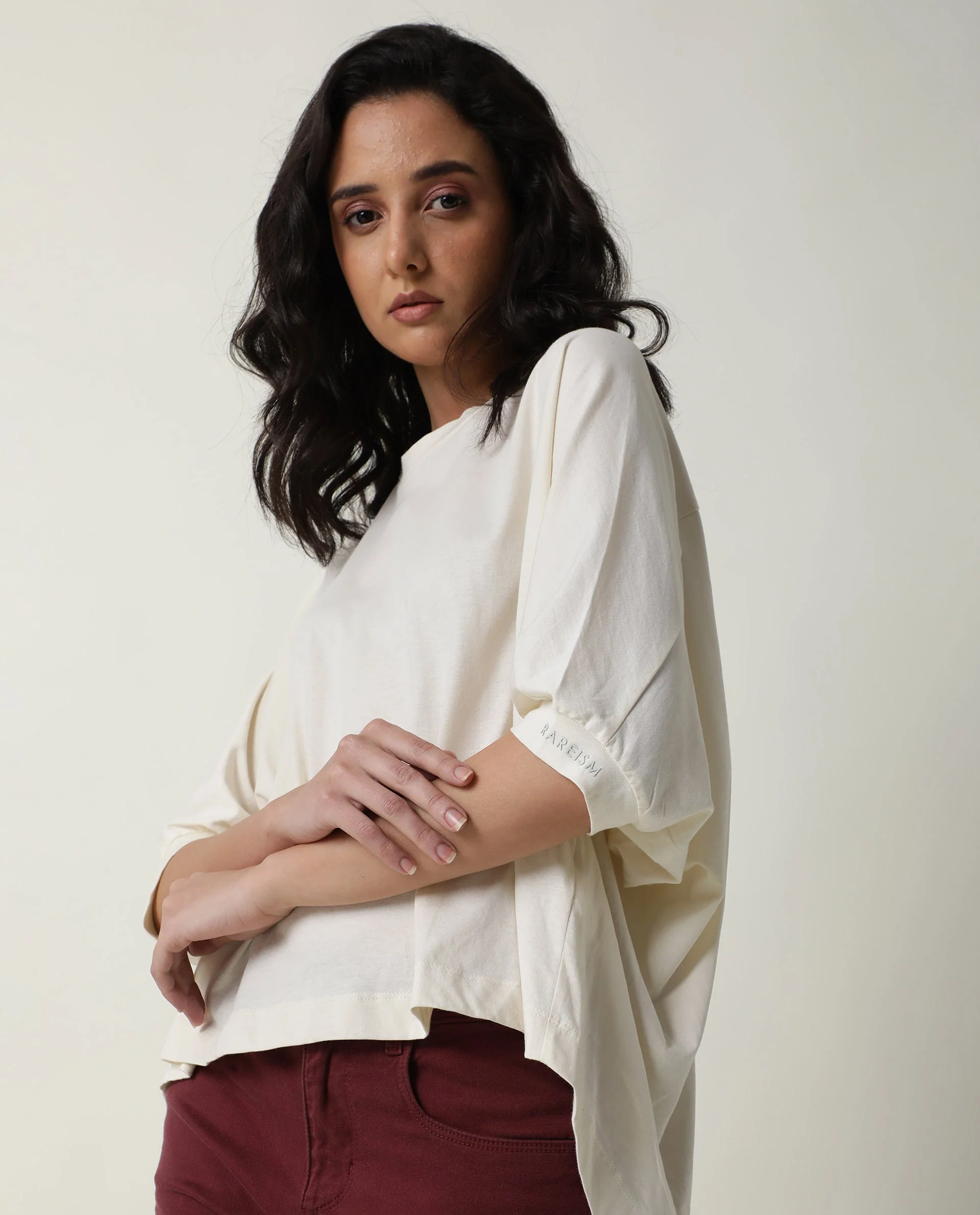 Rareism Women's Osmo Offwhite Cotton Crew Neck Plain Relaxed Fit Top - Image 4