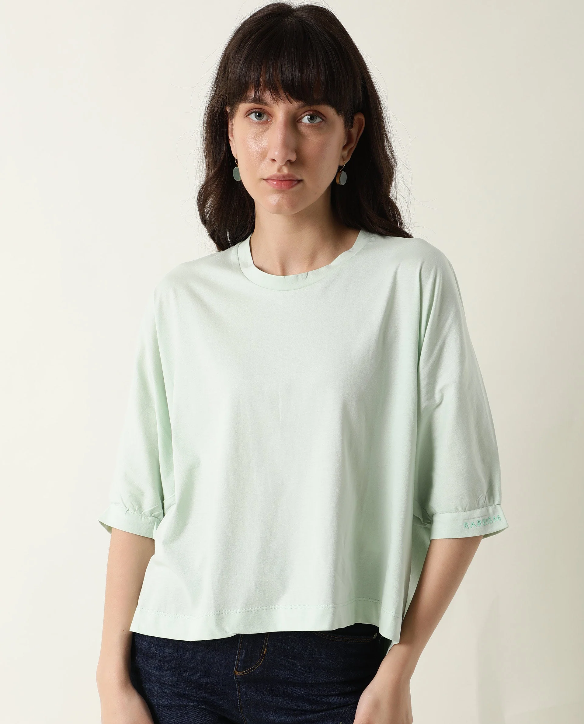 Rareism Women's Osmo Green Crew Neck Plain Knee Length Tailored Top