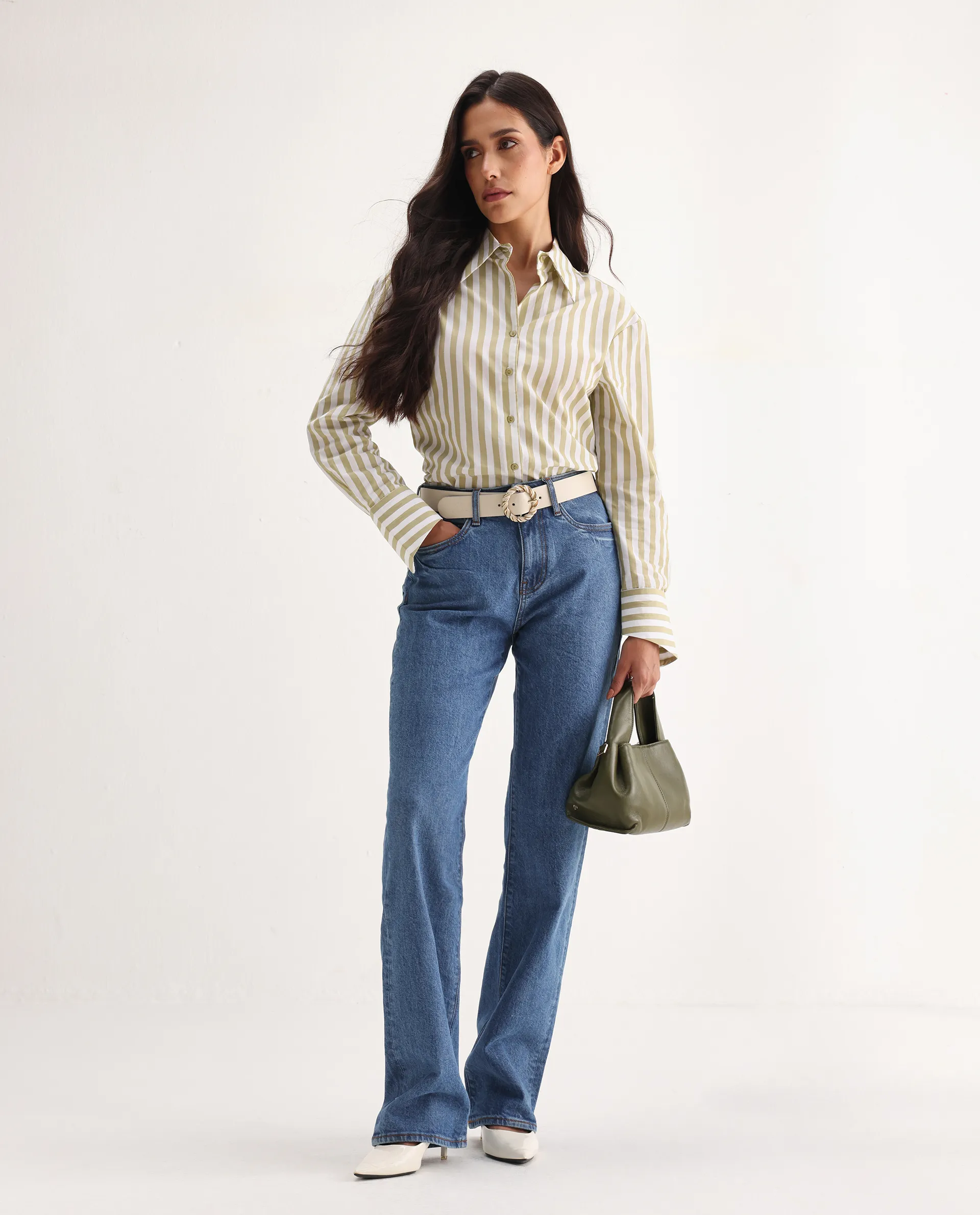Rareism Women's Osseo Blue Cotton Blend Plain Ankle Length Smart Straight Fit Jeans