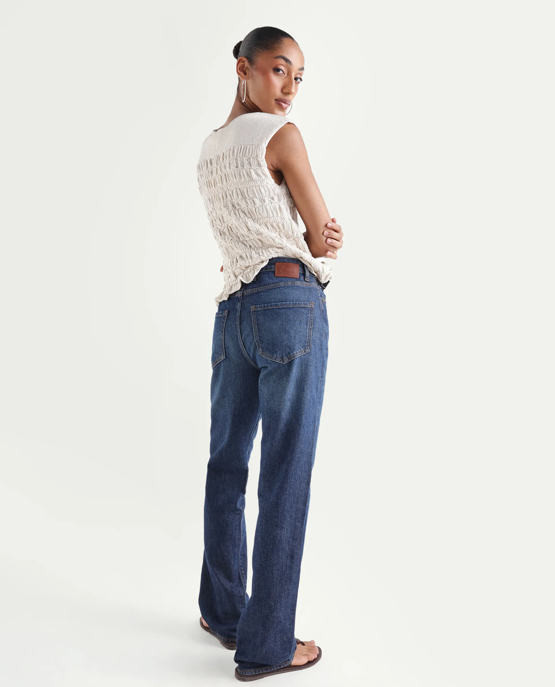 Rareism Women's Osseo Dark Blue Cotton Blend Plain Ankle Length Smart Straight Fit Jeans