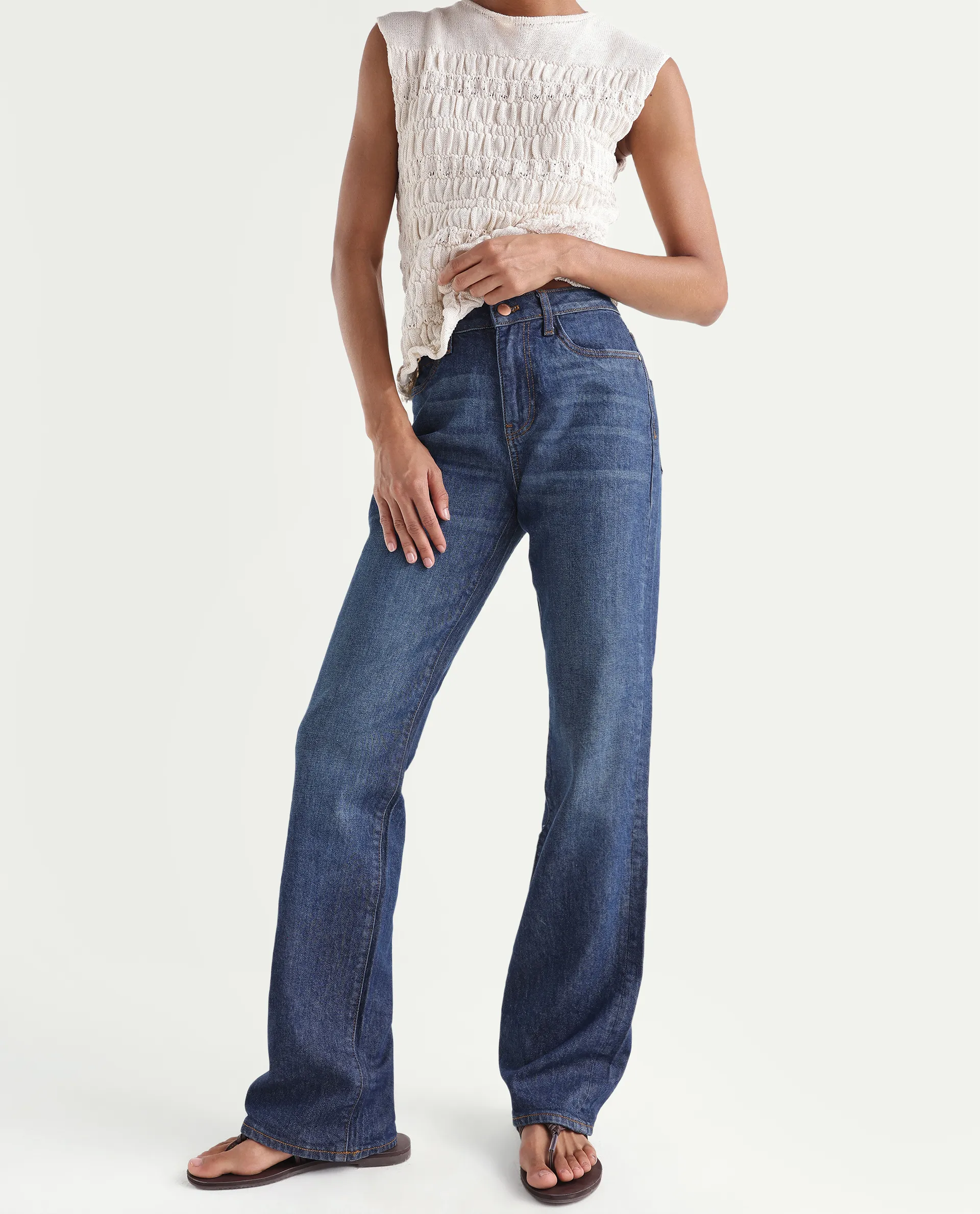 Rareism Women's Osseo Dark Blue Cotton Blend Plain Ankle Length Smart Straight Fit Jeans - Image 2