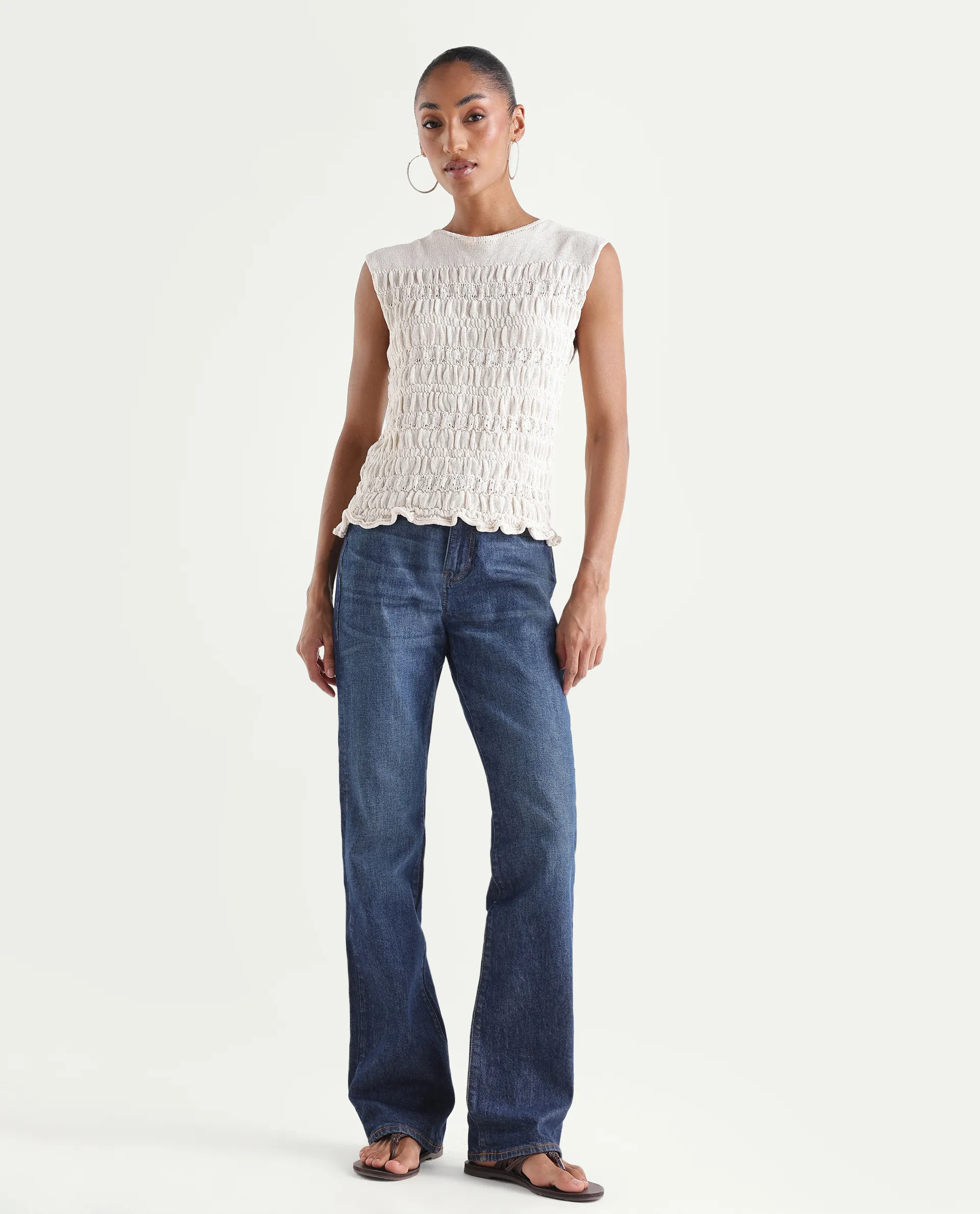 Rareism Women's Osseo Dark Blue Cotton Blend Plain Ankle Length Smart Straight Fit Jeans - Image 3