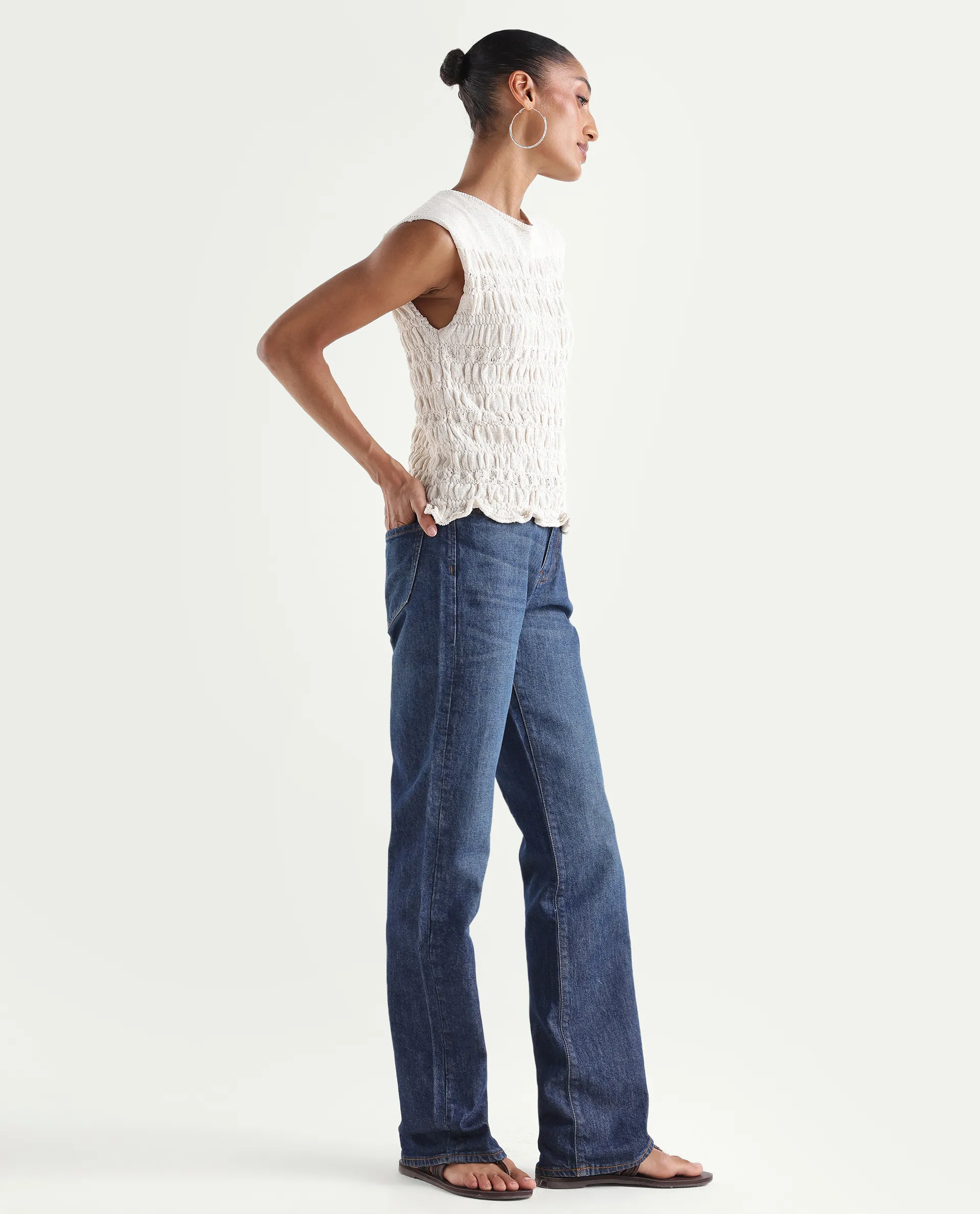 Rareism Women's Osseo Dark Blue Cotton Blend Plain Ankle Length Smart Straight Fit Jeans - Image 6