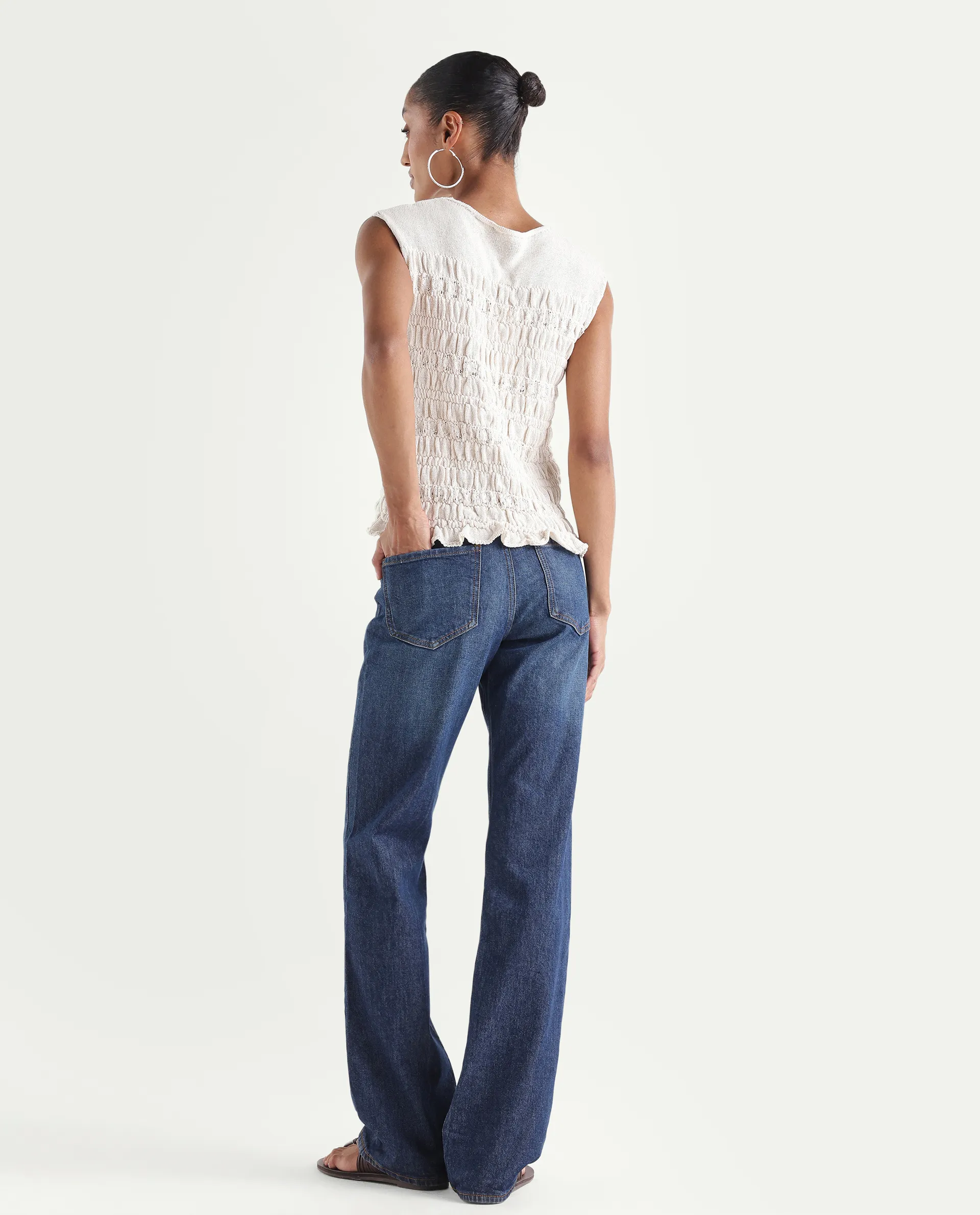 Rareism Women's Osseo Dark Blue Cotton Blend Plain Ankle Length Smart Straight Fit Jeans - Image 7