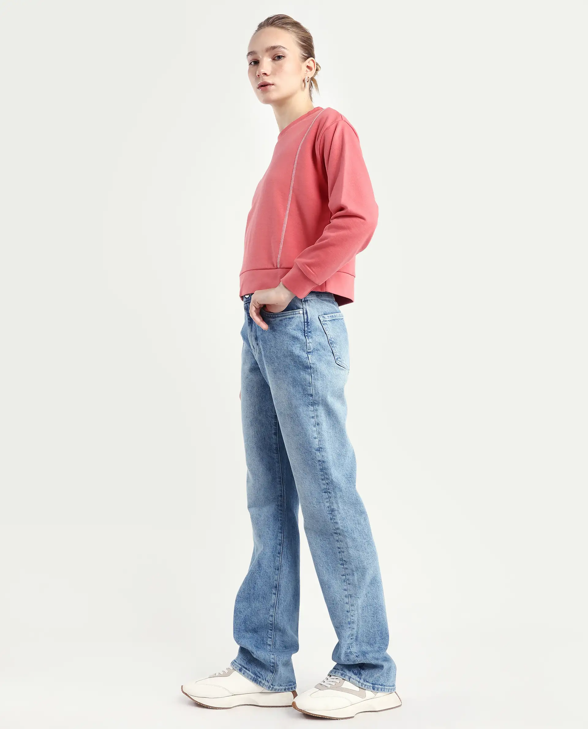 Rareism Women's Osseo Light Blue Cotton Blend Plain Ankle Length Smart Straight Fit Jeans - Image 7