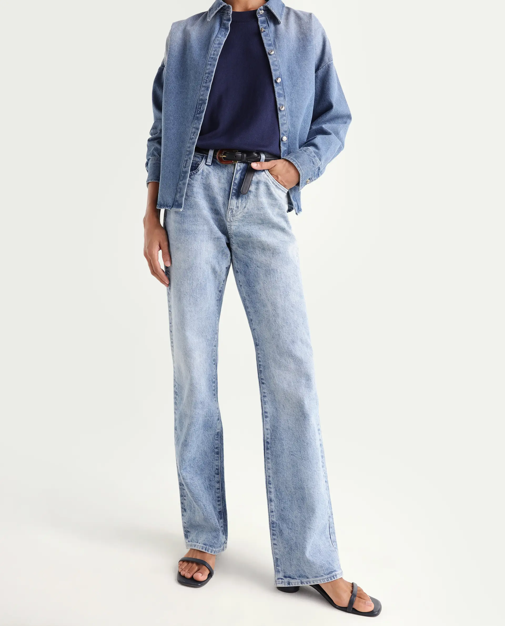 Rareism Women's Osseo Pastel Blue Cotton Blend Plain Ankle Length Smart Straight Fit Jeans - Image 2