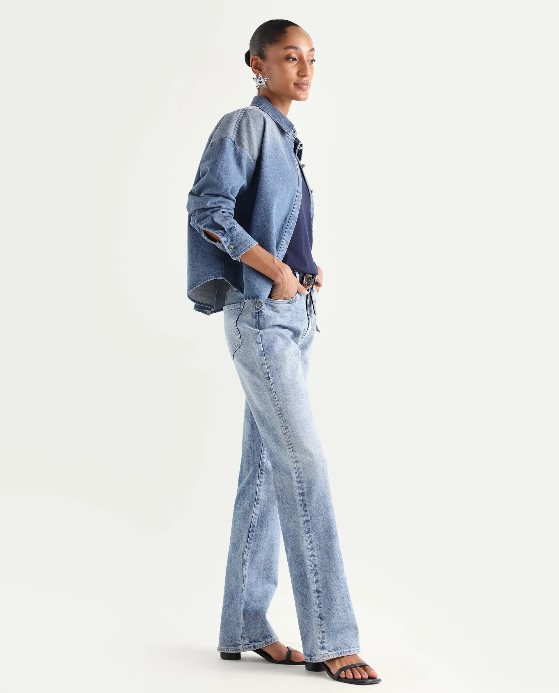 Rareism Women's Osseo Pastel Blue Cotton Blend Plain Ankle Length Smart Straight Fit Jeans - Image 5