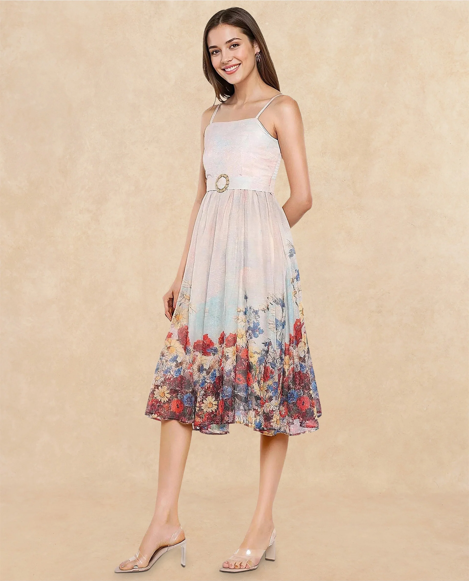 Rareism Women's Osthu Light Multi Polyester Blend Tube Neck Floral Print Sleeveless Midi Fit And Flare Dress - Image 3