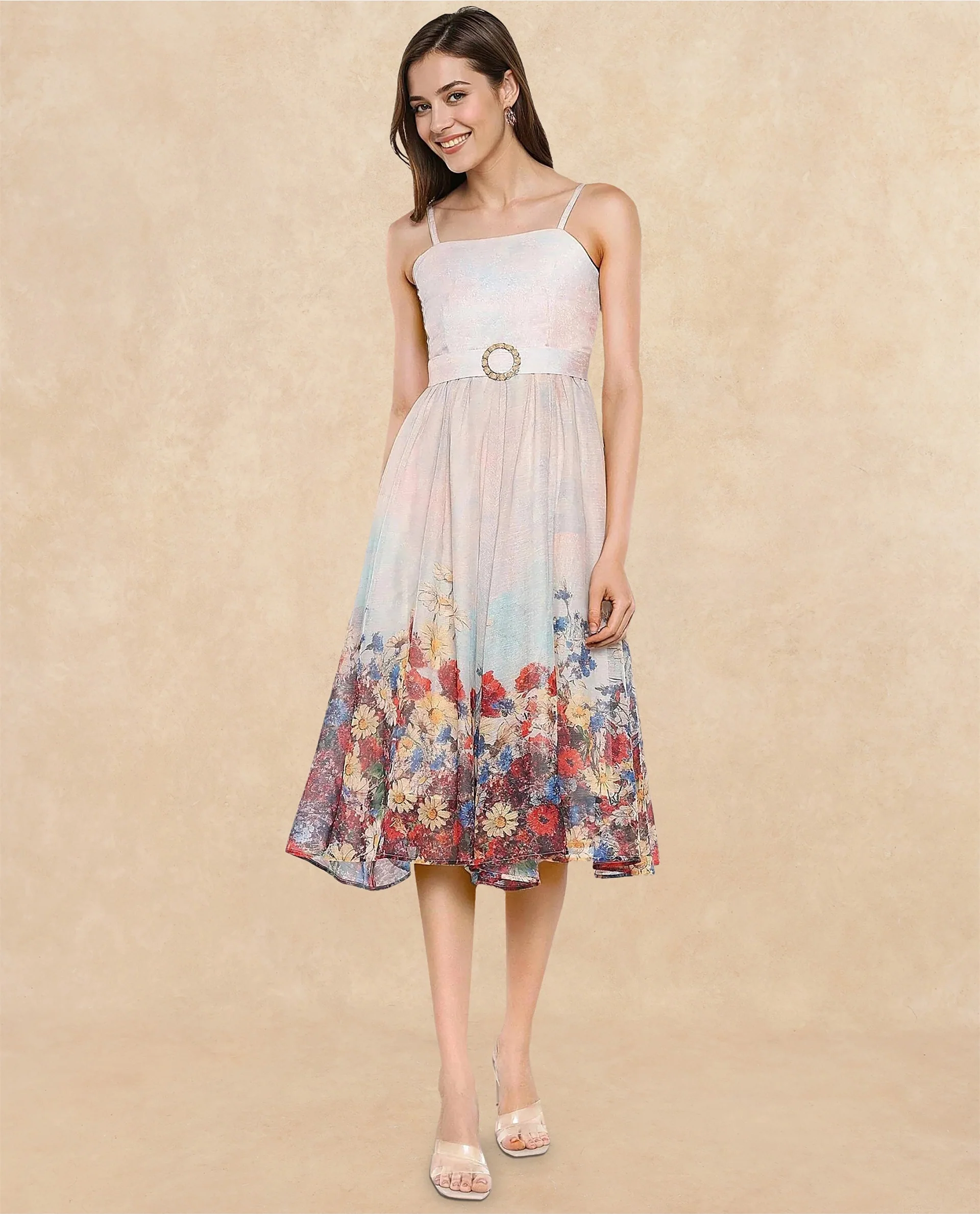 Rareism Women's Osthu Light Multi Polyester Blend Tube Neck Floral Print Sleeveless Midi Fit And Flare Dress - Image 4