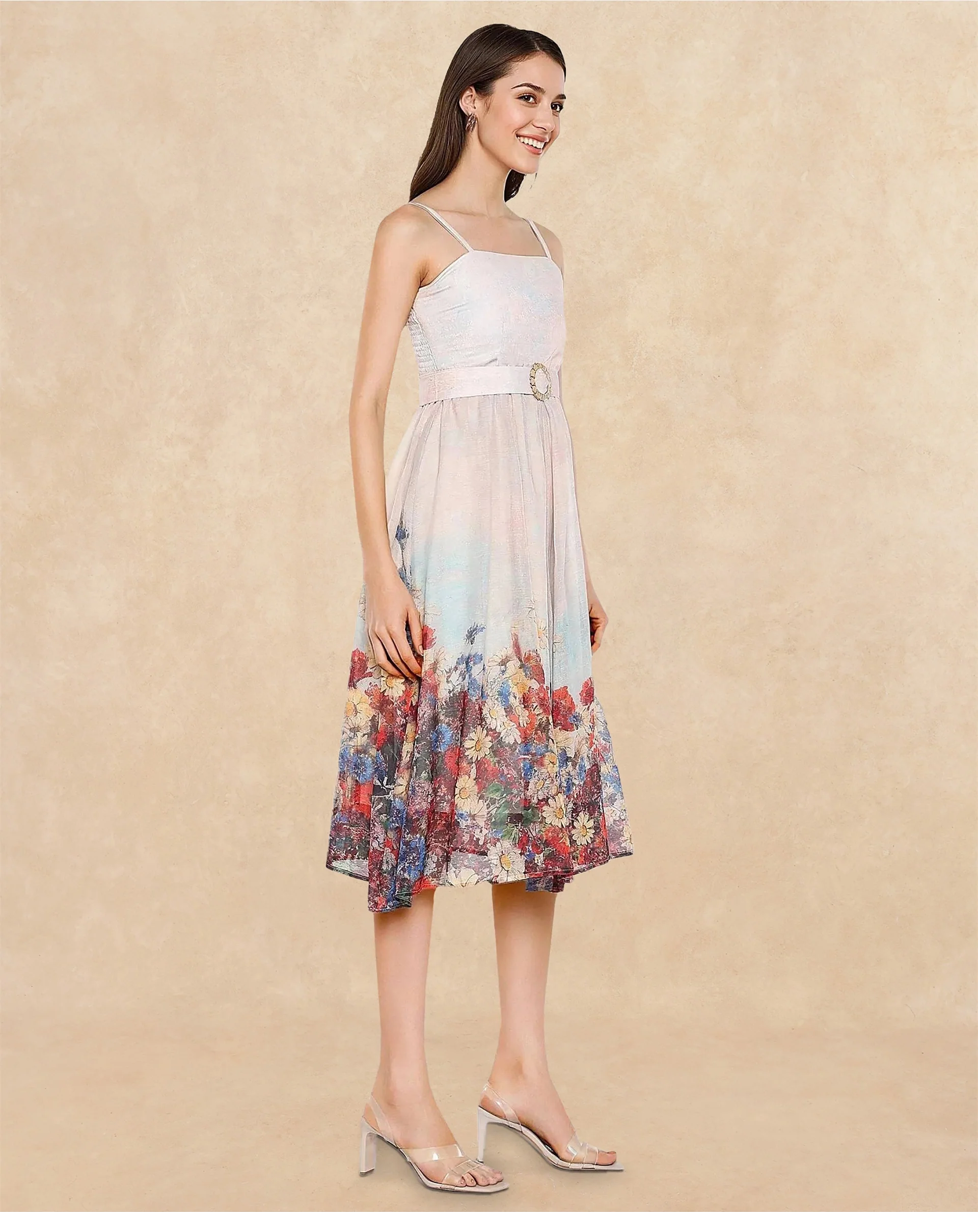 Rareism Women's Osthu Light Multi Polyester Blend Tube Neck Floral Print Sleeveless Midi Fit And Flare Dress - Image 5