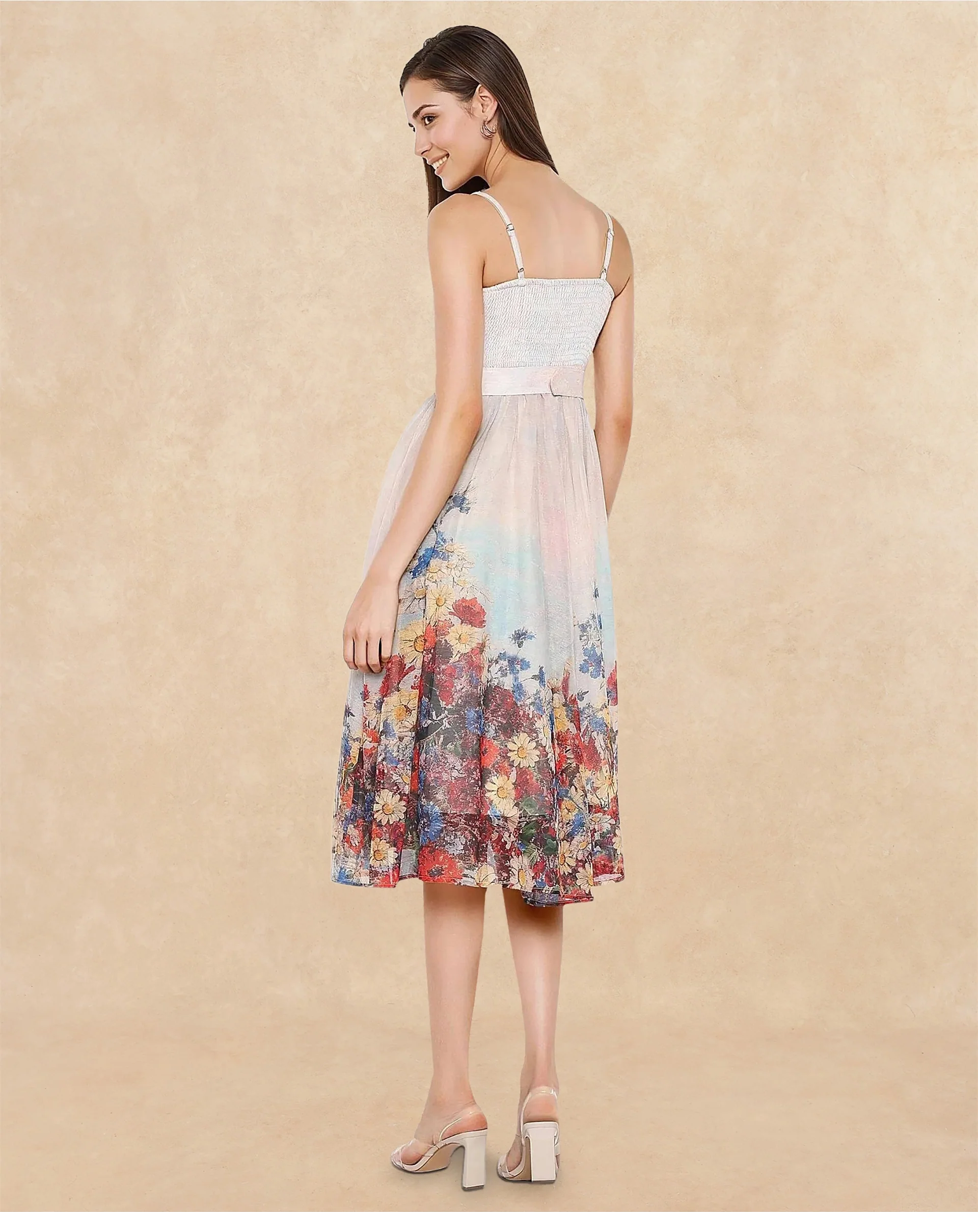 Rareism Women's Osthu Light Multi Polyester Blend Tube Neck Floral Print Sleeveless Midi Fit And Flare Dress - Image 6
