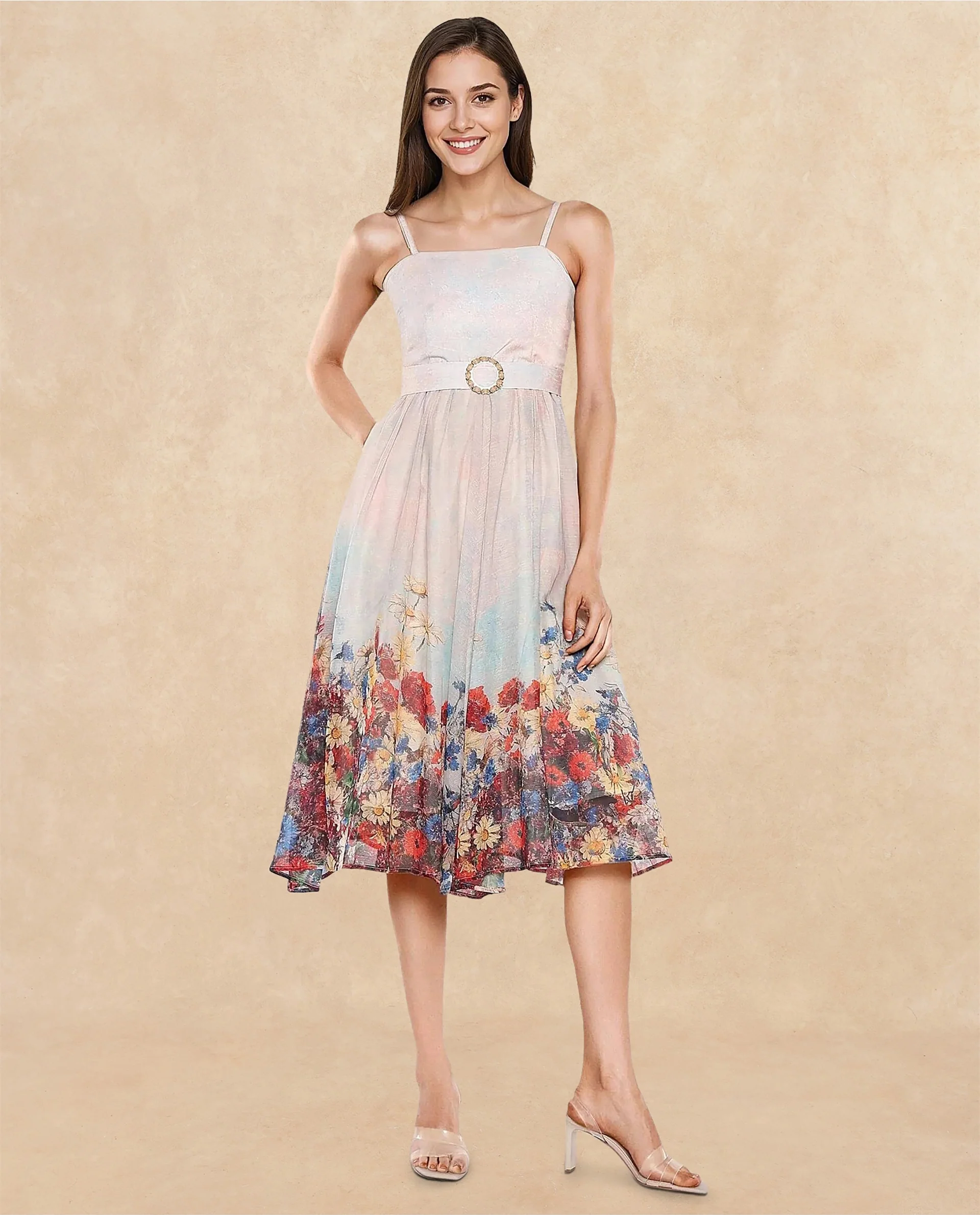 Rareism Women's Osthu Light Multi Polyester Blend Tube Neck Floral Print Sleeveless Midi Fit And Flare Dress - Image 7