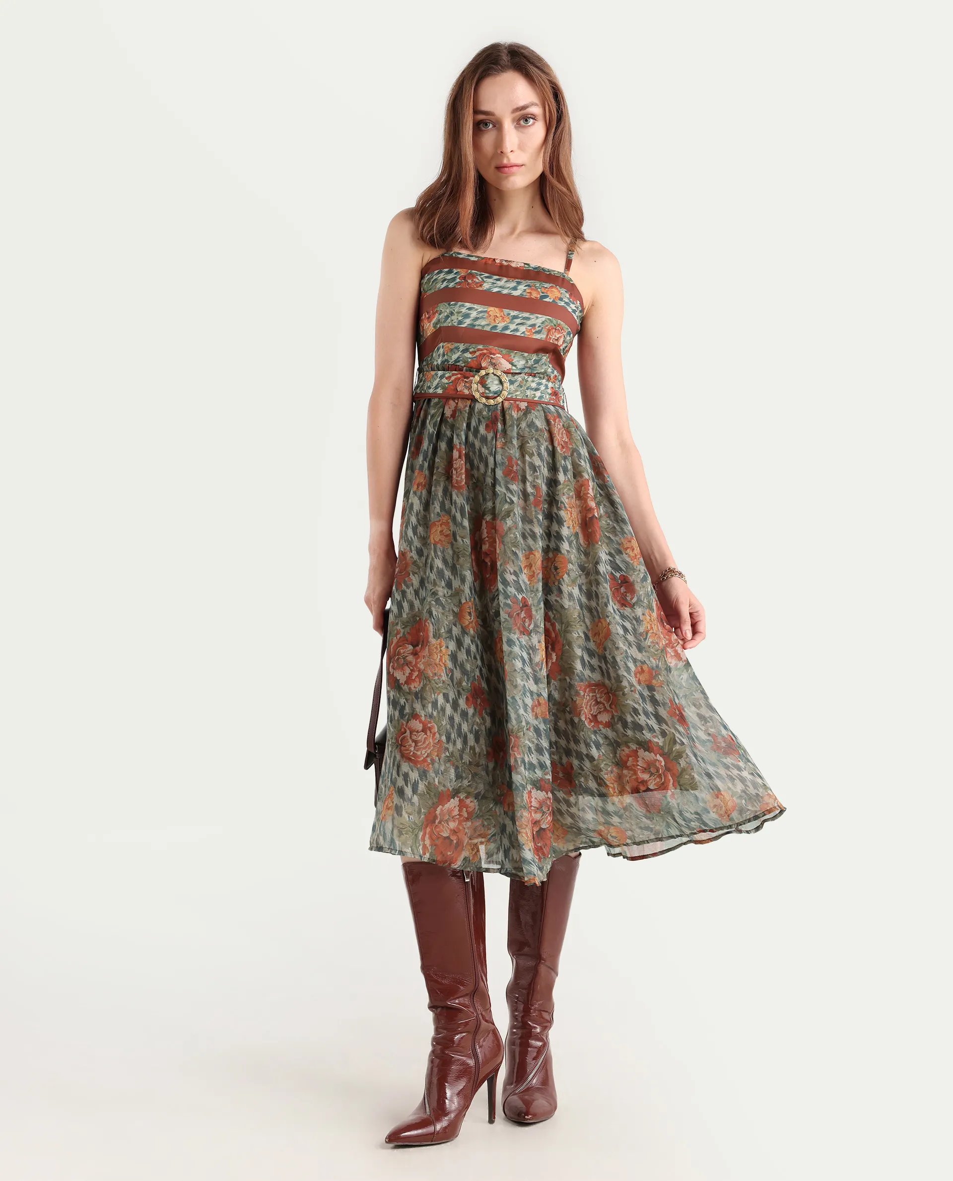 Rareism Women's Ostig Multi Satin Tube Neck Floral Print Sleeveless Midi Fit And Flare Dress - Image 2