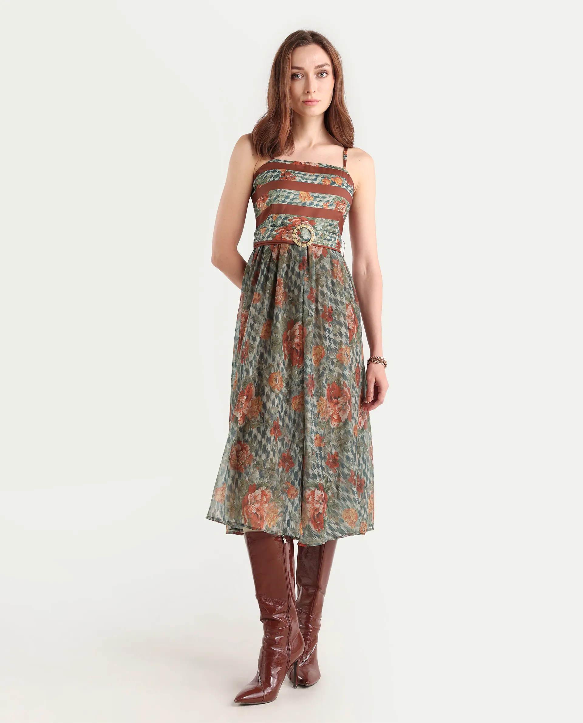 Rareism Women's Ostig Multi Satin Tube Neck Floral Print Sleeveless Midi Fit And Flare Dress - Image 3
