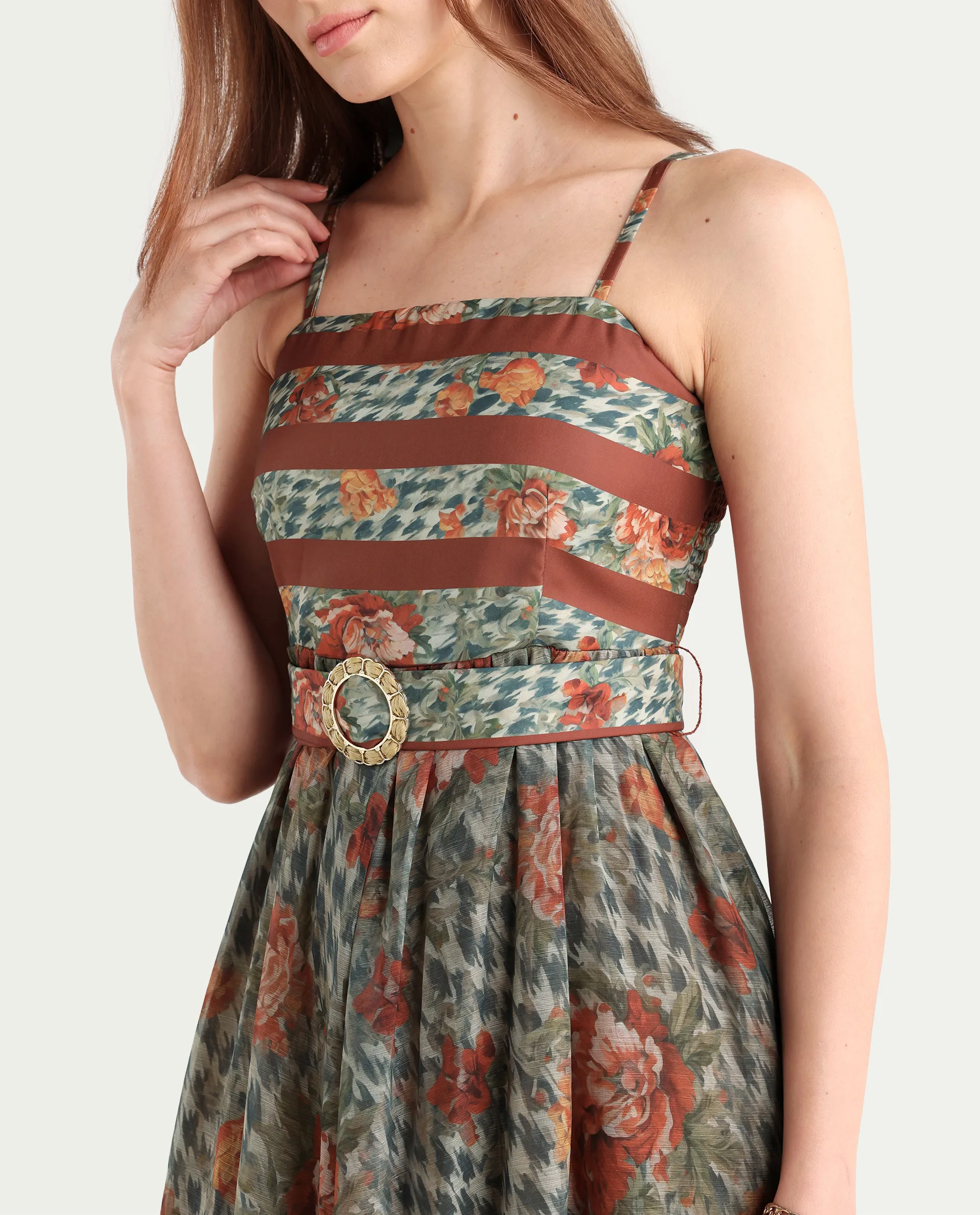 Rareism Women's Ostig Multi Satin Tube Neck Floral Print Sleeveless Midi Fit And Flare Dress - Image 4