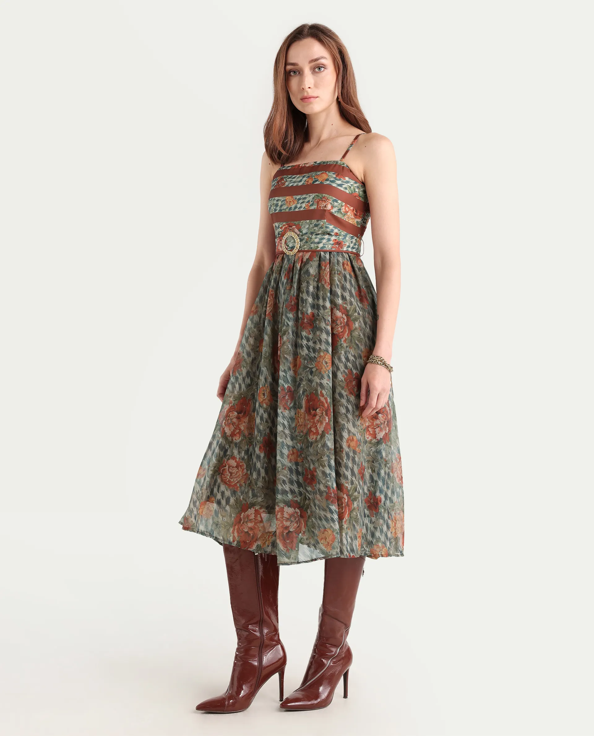 Rareism Women's Ostig Multi Satin Tube Neck Floral Print Sleeveless Midi Fit And Flare Dress - Image 5
