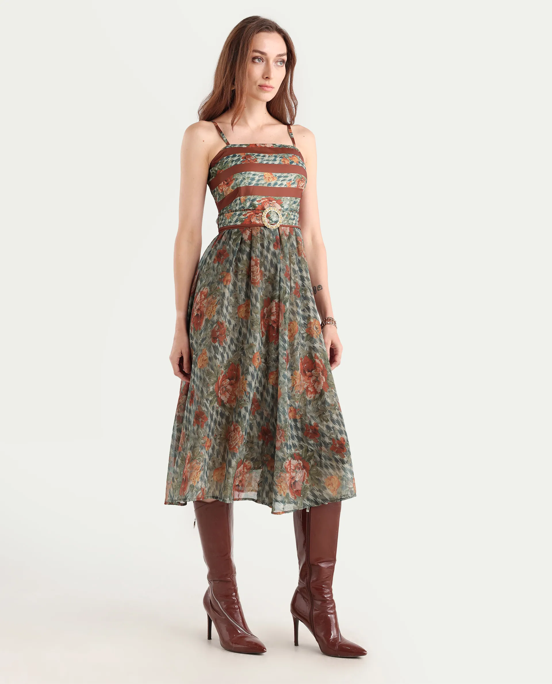 Rareism Women's Ostig Multi Satin Tube Neck Floral Print Sleeveless Midi Fit And Flare Dress - Image 6