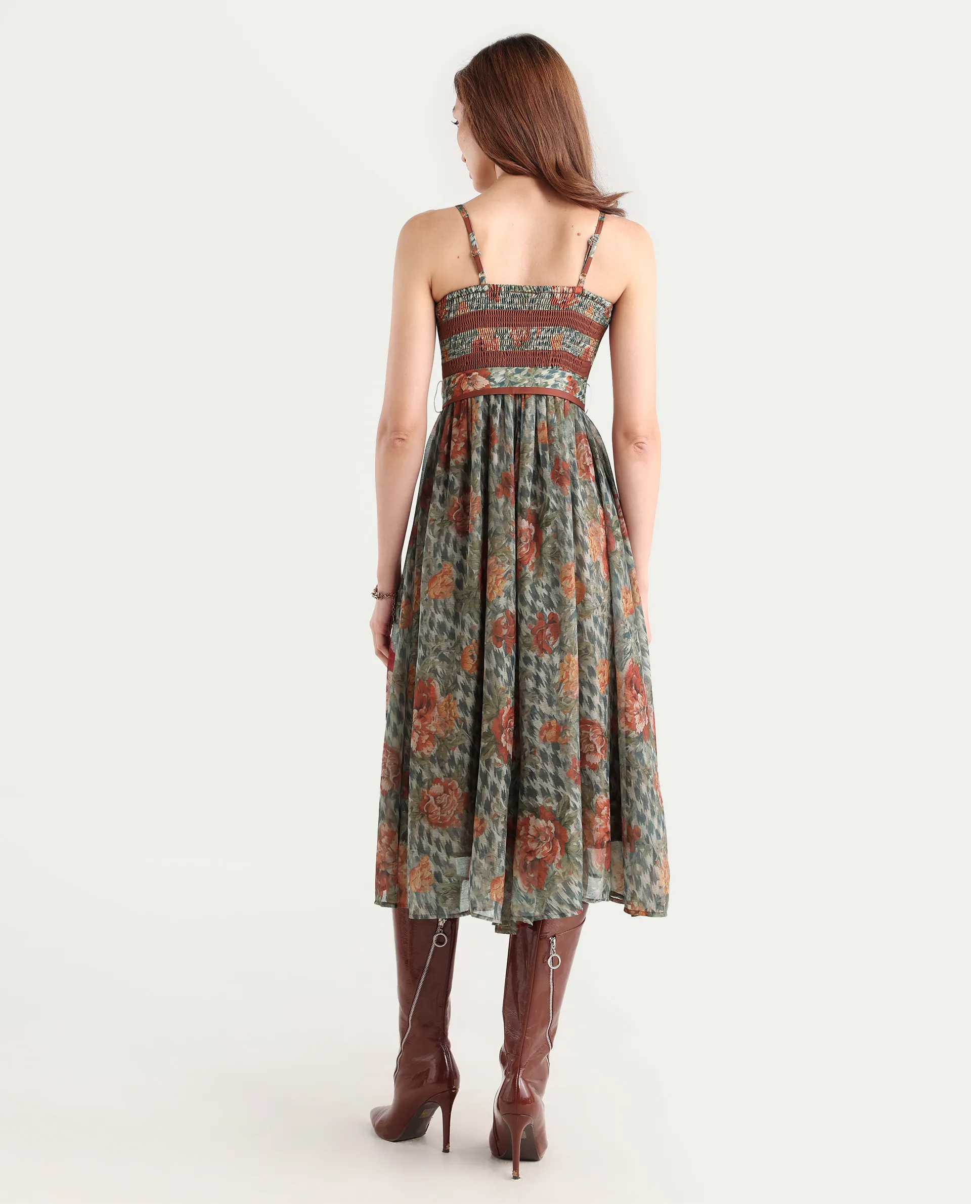 Rareism Women's Ostig Multi Satin Tube Neck Floral Print Sleeveless Midi Fit And Flare Dress - Image 7