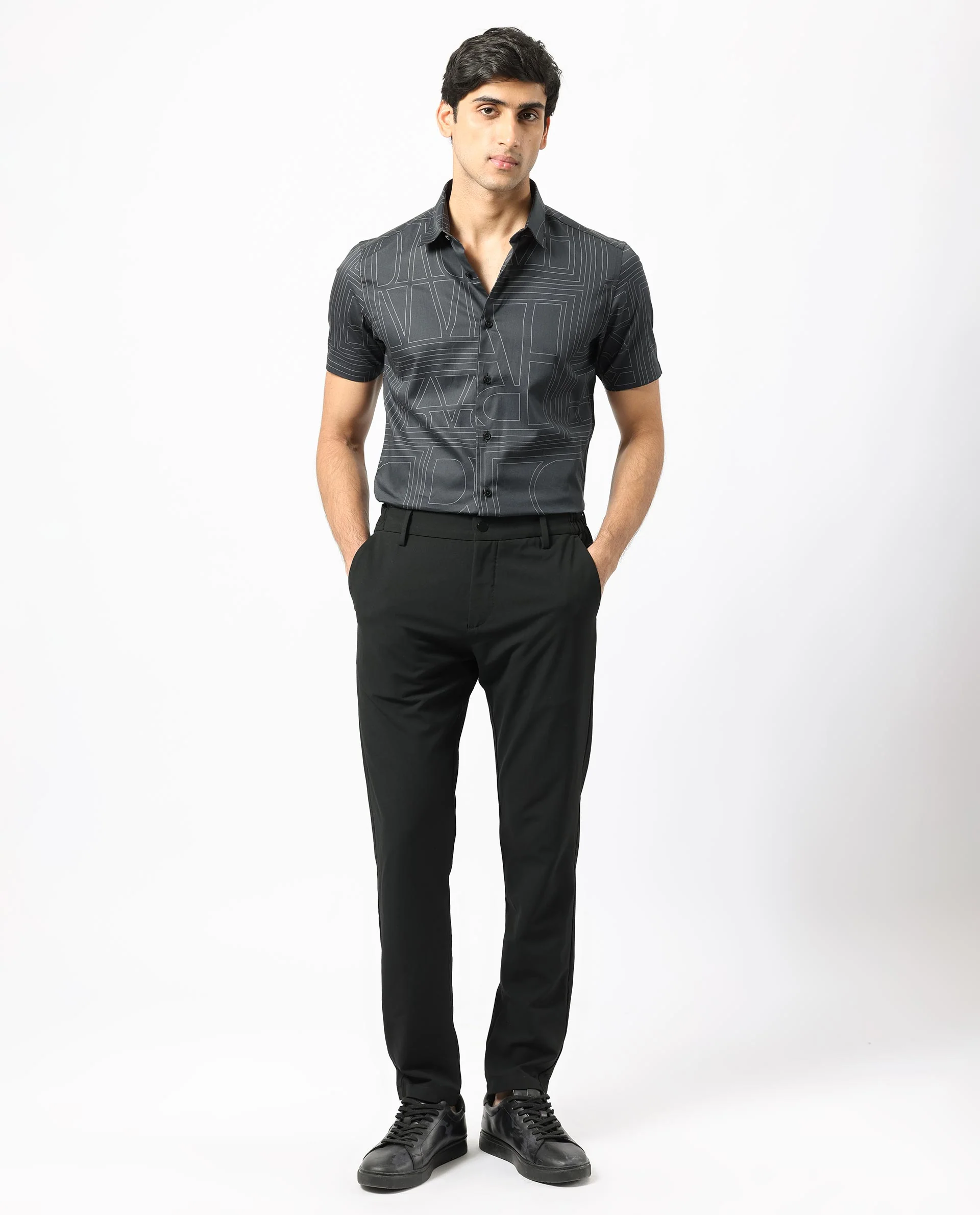 Rare Rabbit Men's Osuna Black Cotton Statement Print Regular Fit Half Sleeve Collared Shirt - Image 2