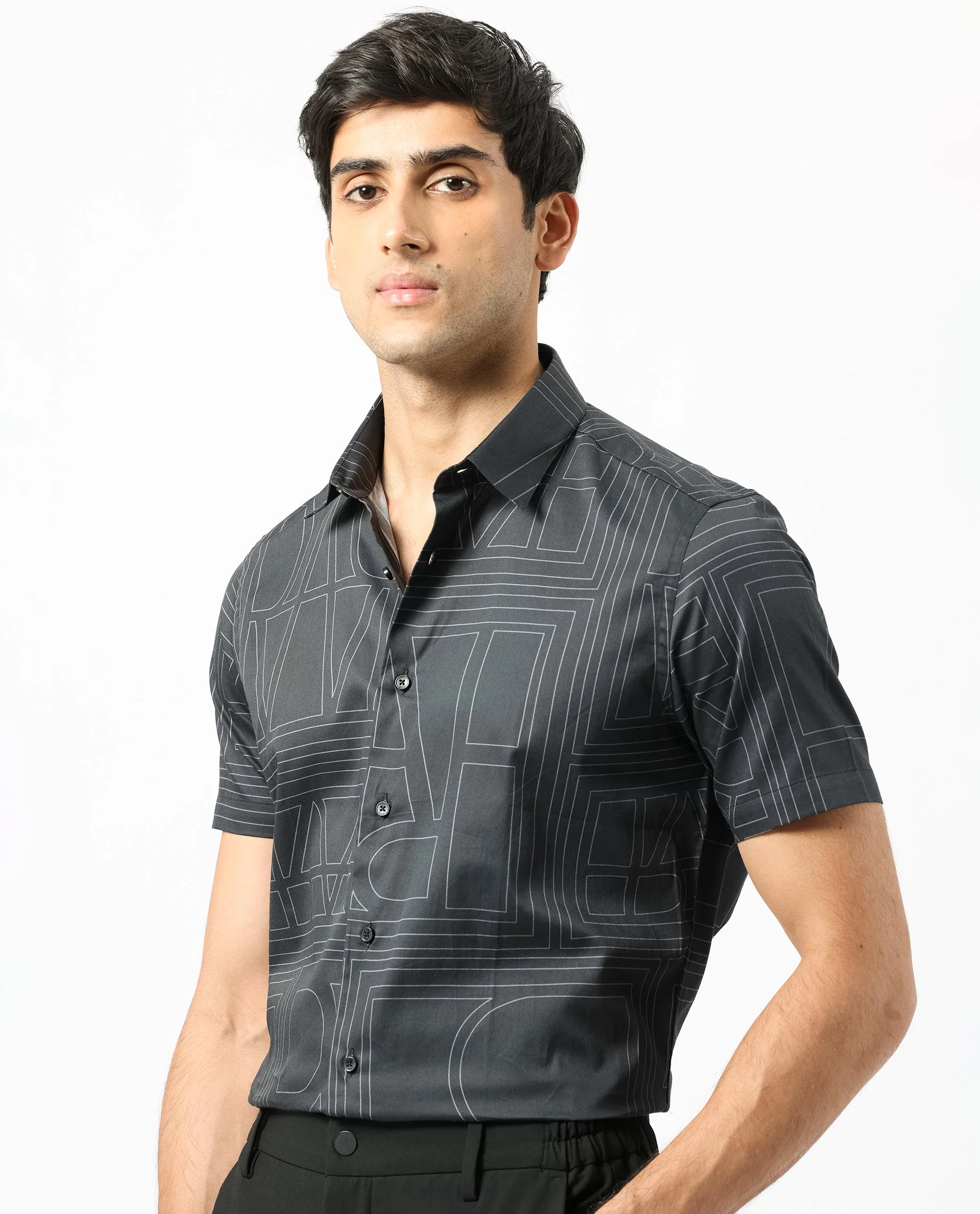 Rare Rabbit Men's Osuna Black Cotton Statement Print Regular Fit Half Sleeve Collared Shirt - Image 3