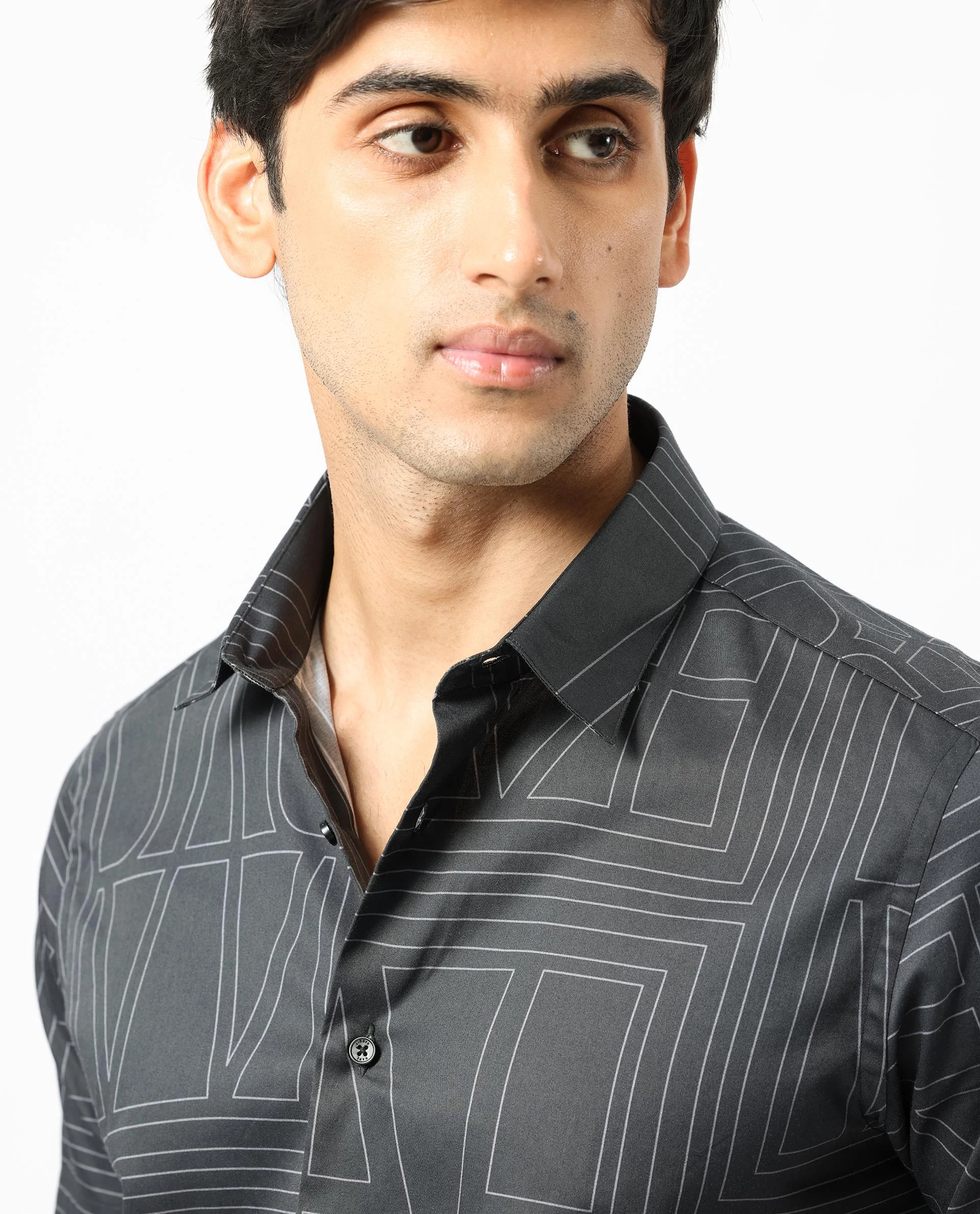 Rare Rabbit Men's Osuna Black Cotton Statement Print Regular Fit Half Sleeve Collared Shirt - Image 4