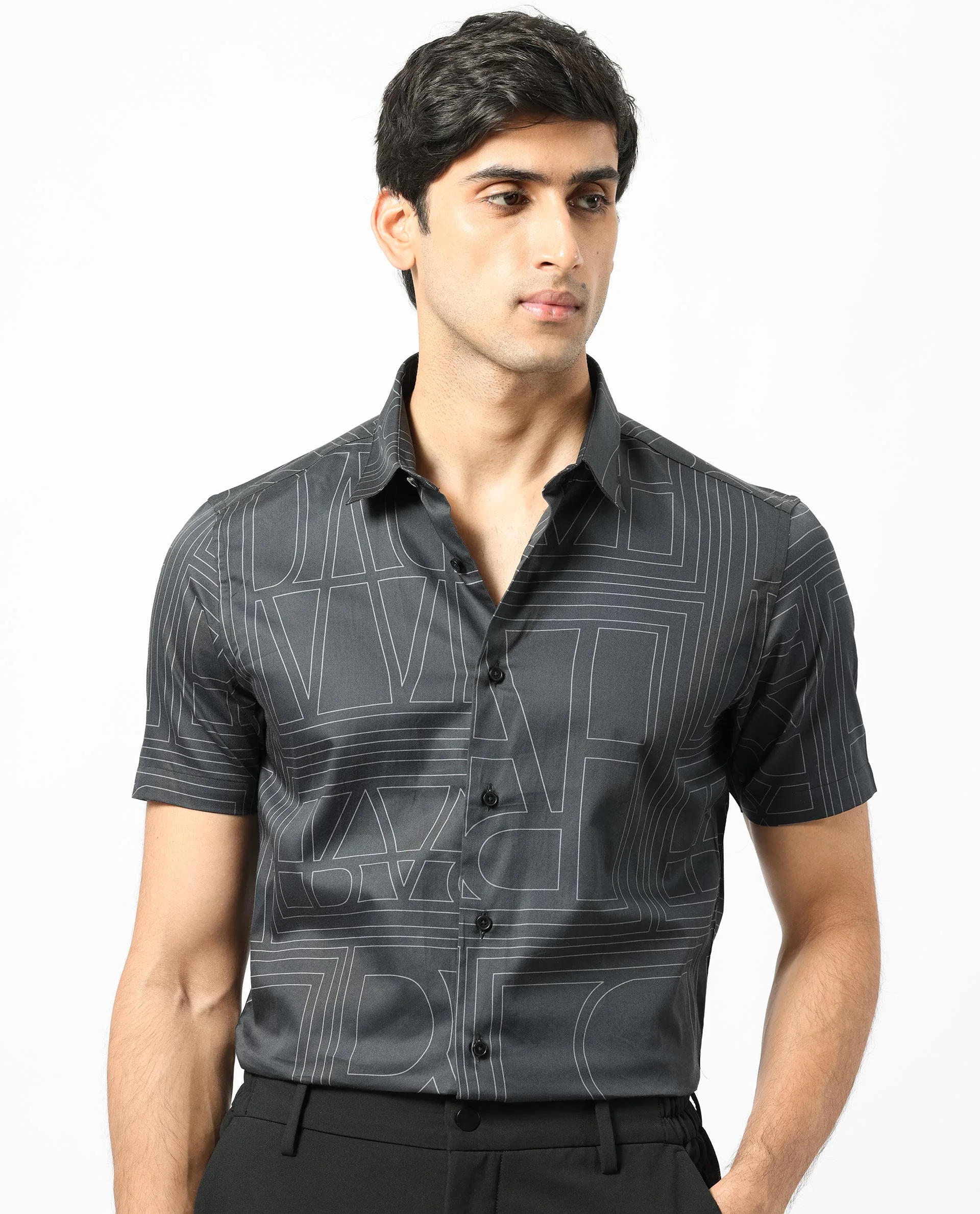 Rare Rabbit Men's Osuna Black Cotton Statement Print Regular Fit Half Sleeve Collared Shirt - Image 5