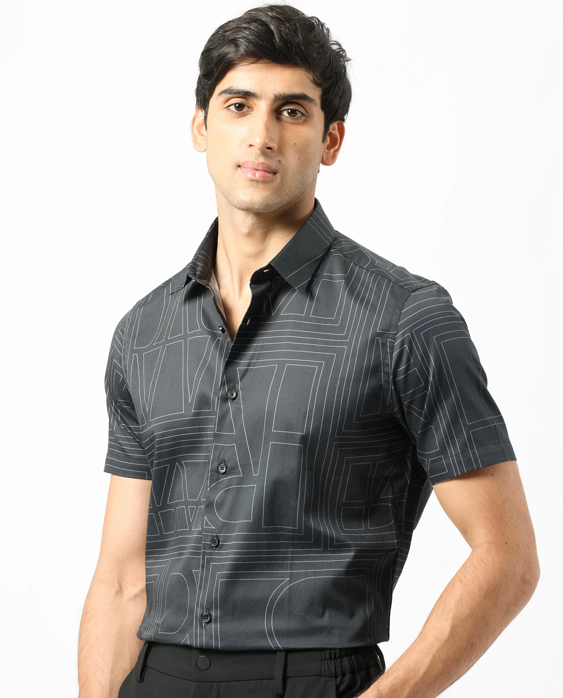 Rare Rabbit Men's Osuna Black Cotton Statement Print Regular Fit Half Sleeve Collared Shirt - Image 7