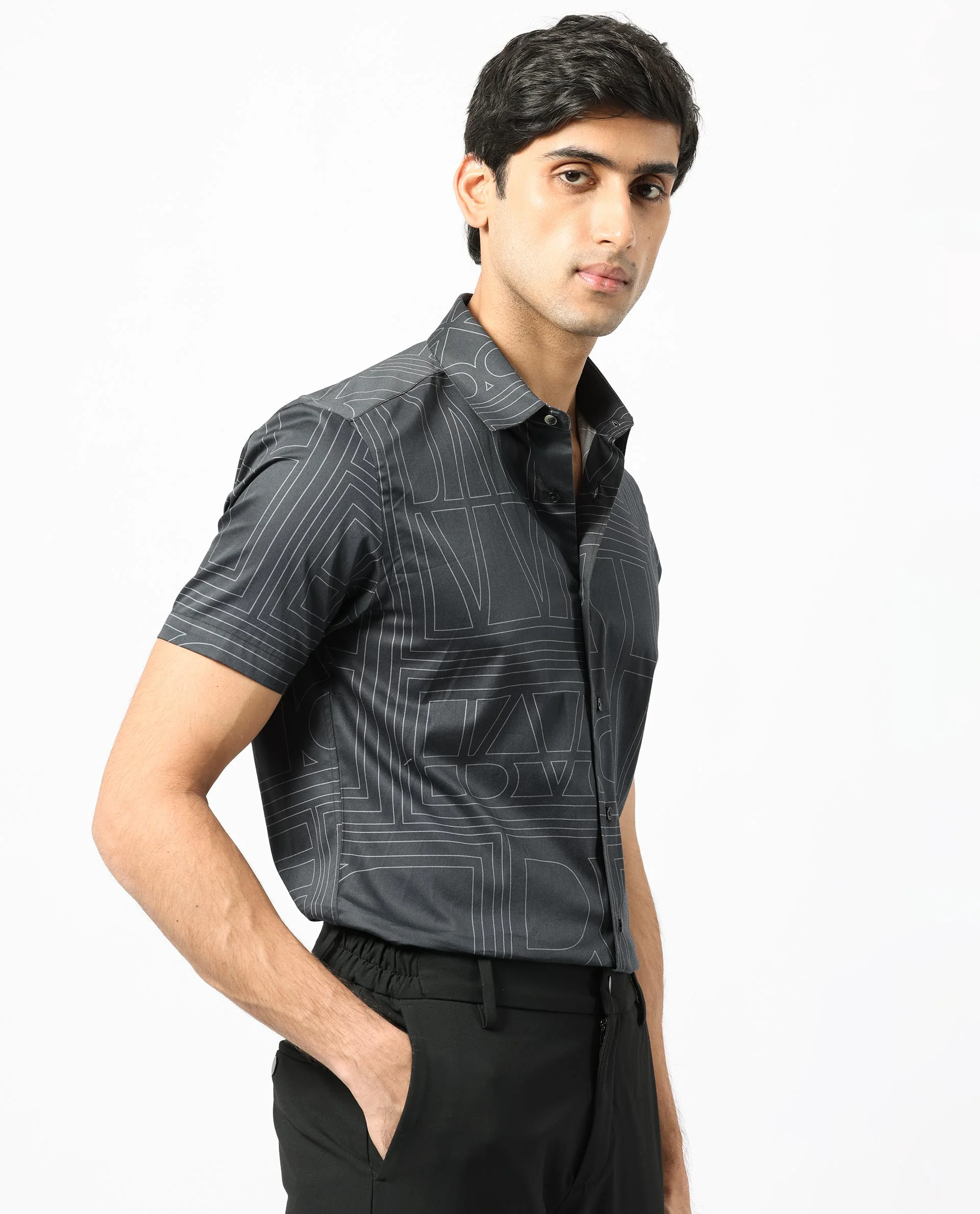 Rare Rabbit Men's Osuna Black Cotton Statement Print Regular Fit Half Sleeve Collared Shirt - Image 8