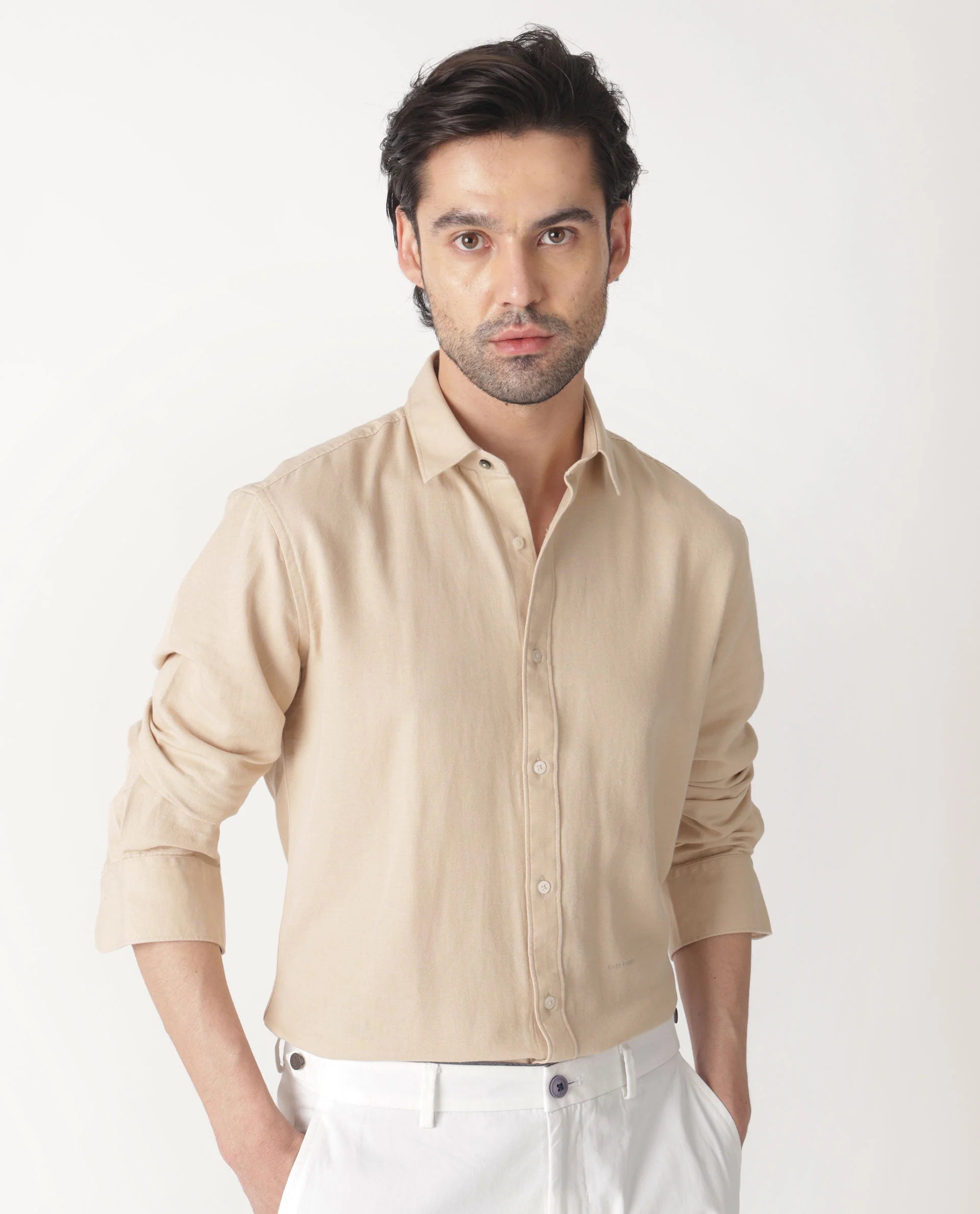Rare Rabbit Men's Otago Beige Cotton Plain Regular Fit Full Sleeve Collared Shirt