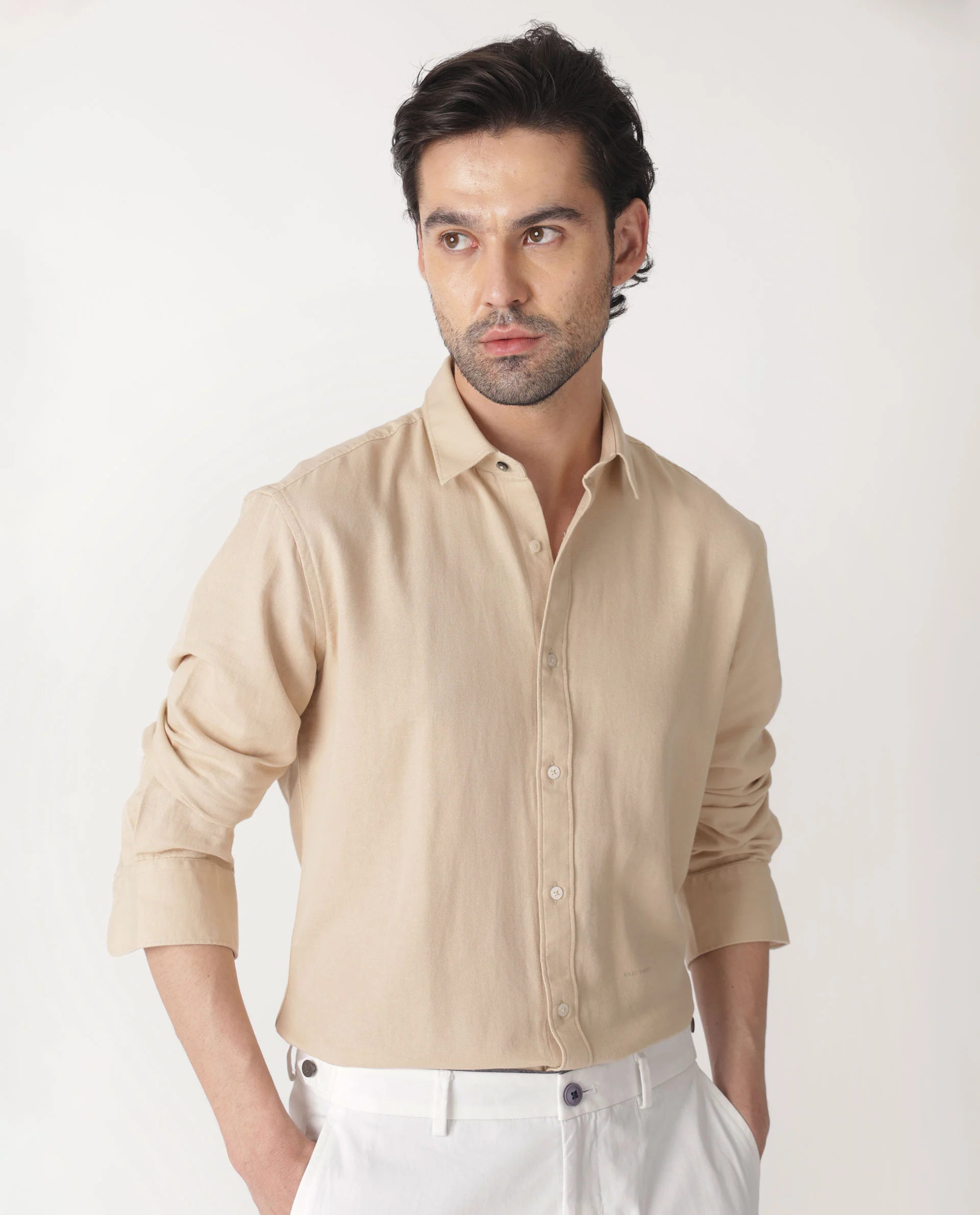 Rare Rabbit Men's Otago Beige Cotton Plain Regular Fit Full Sleeve Collared Shirt - Image 4