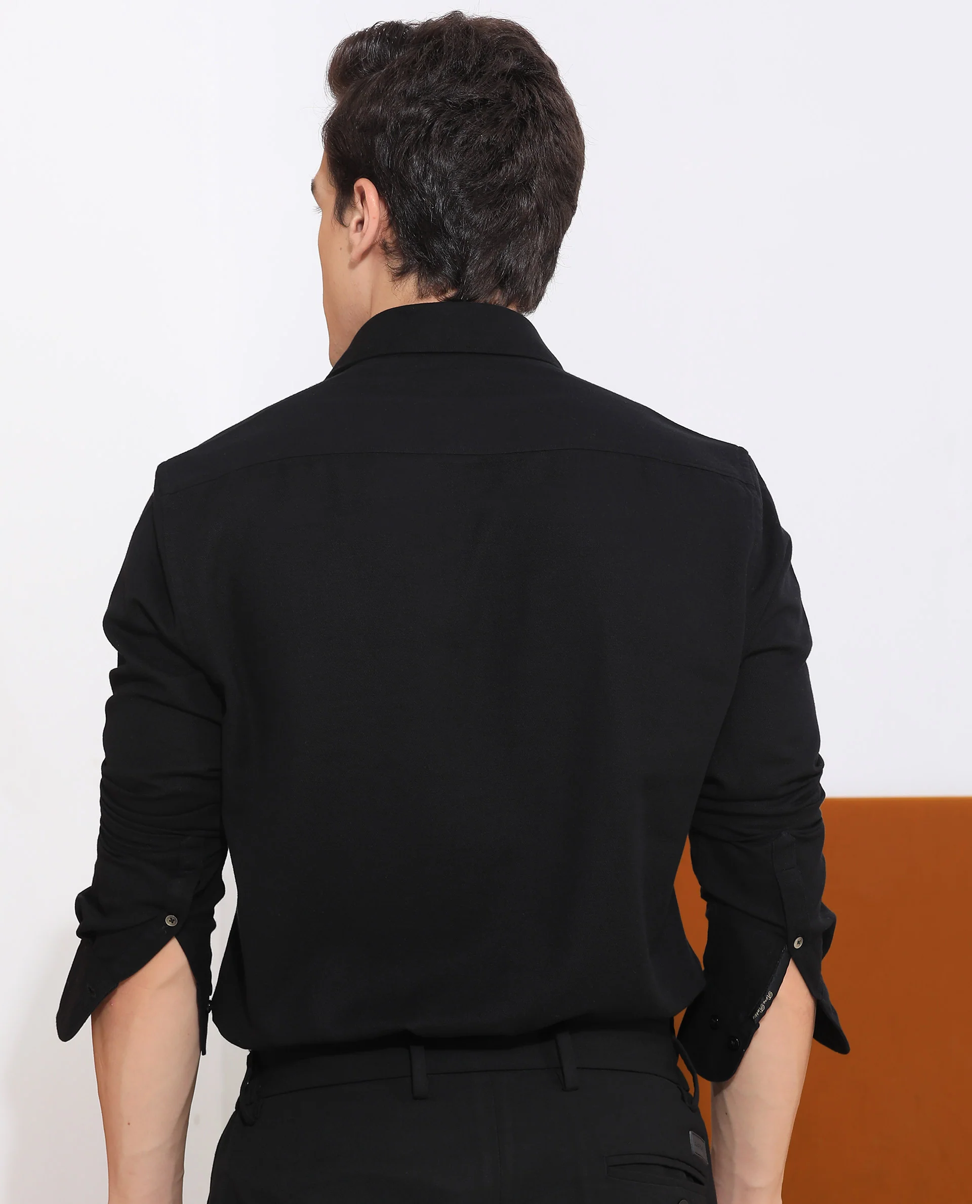 Rare Rabbit Men's Otago Black Cotton Plain Regular Fit Full Sleeve Collared Shirt - Image 10
