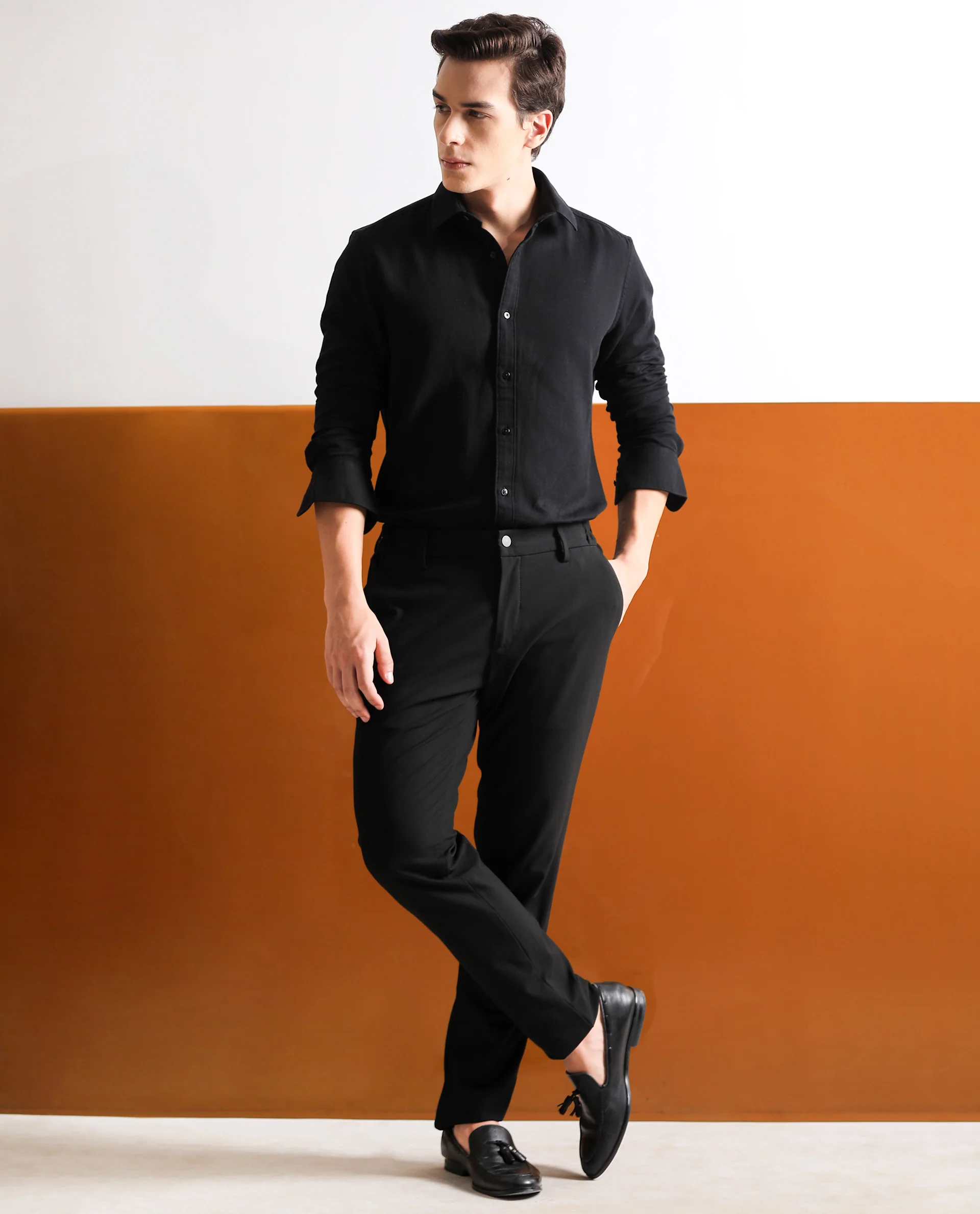 Rare Rabbit Men's Otago Black Cotton Plain Regular Fit Full Sleeve Collared Shirt - Image 2