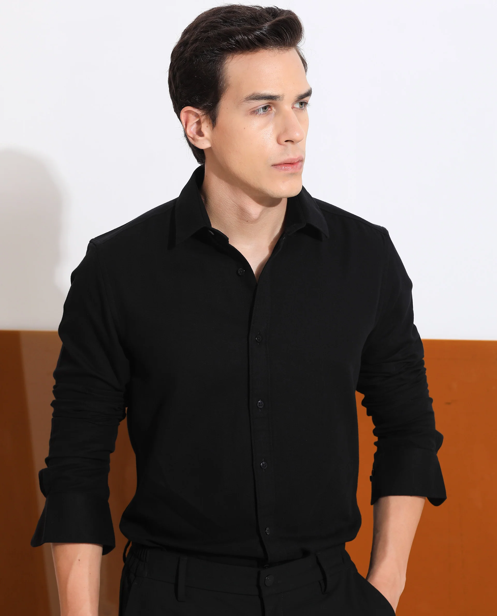 Rare Rabbit Men's Otago Black Cotton Plain Regular Fit Full Sleeve Collared Shirt - Image 4