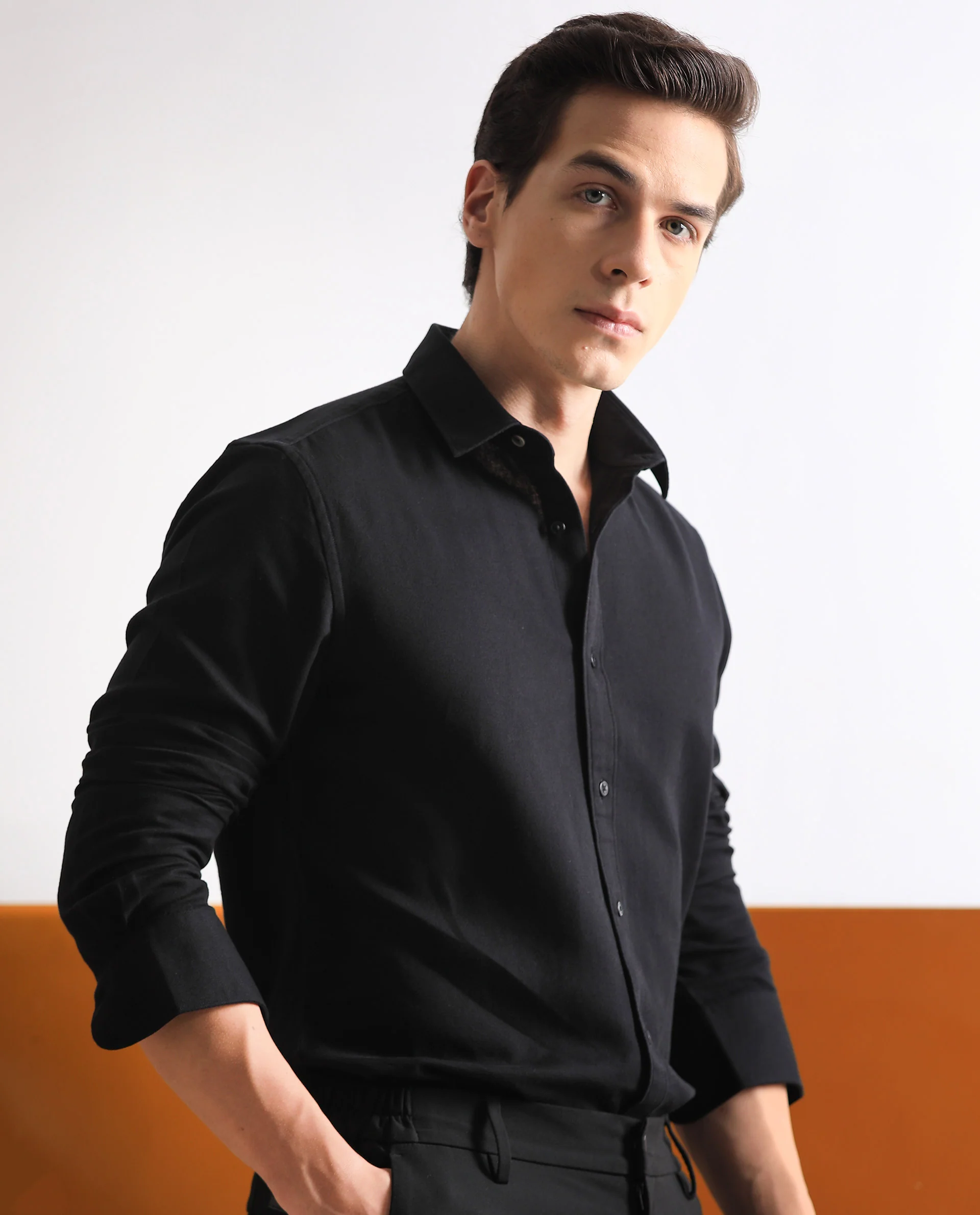 Rare Rabbit Men's Otago Black Cotton Plain Regular Fit Full Sleeve Collared Shirt - Image 6
