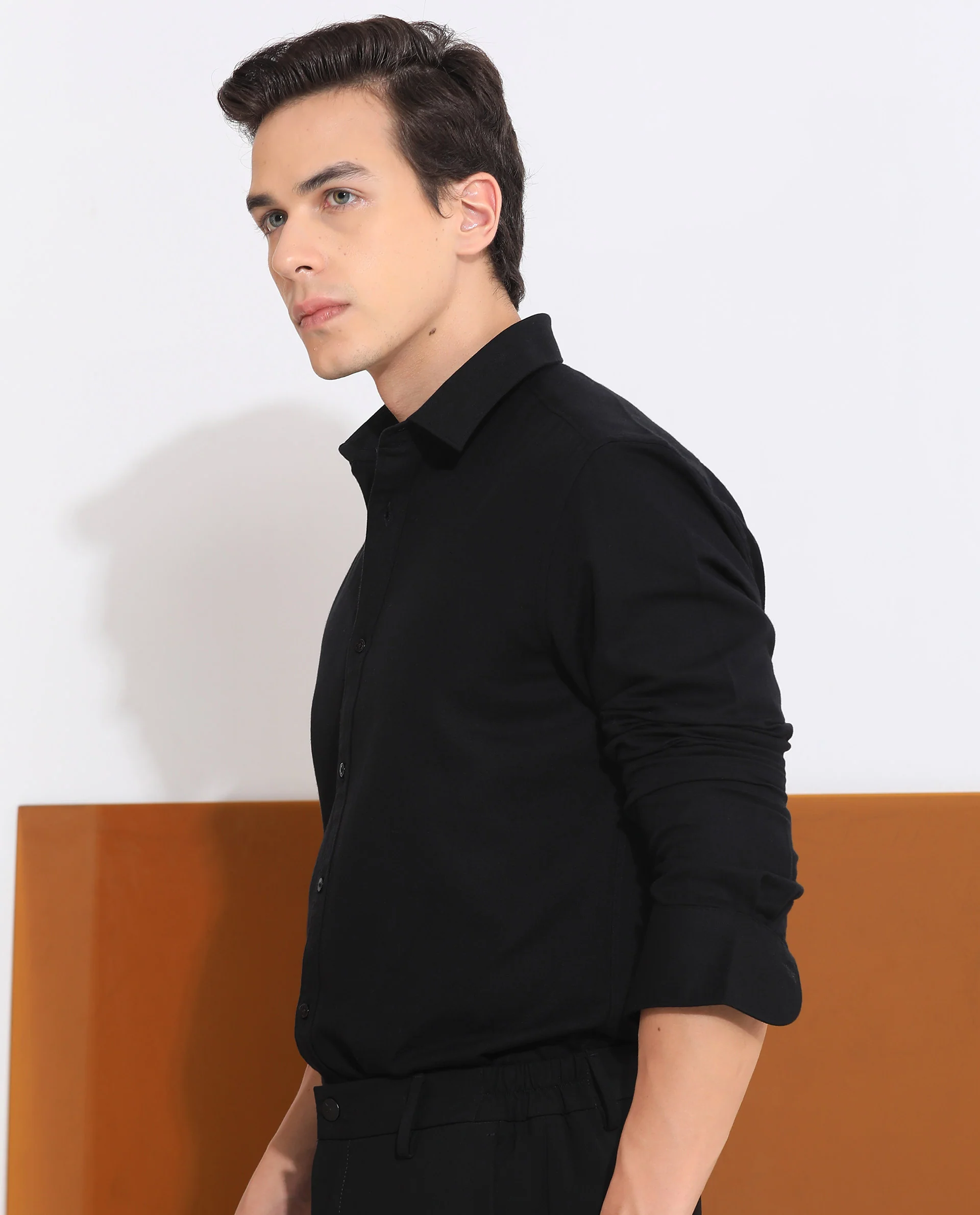 Rare Rabbit Men's Otago Black Cotton Plain Regular Fit Full Sleeve Collared Shirt - Image 8