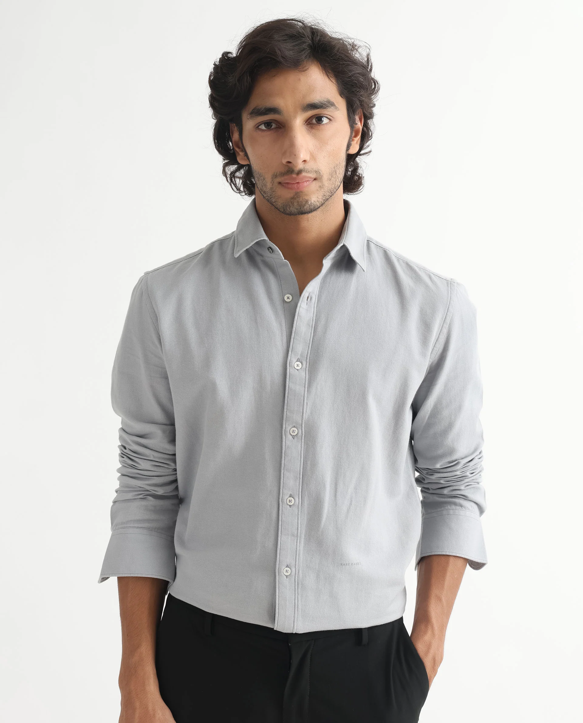 Rare Rabbit Men's Otago Grey Cotton Plain Regular Fit Full Sleeve Collared Shirt