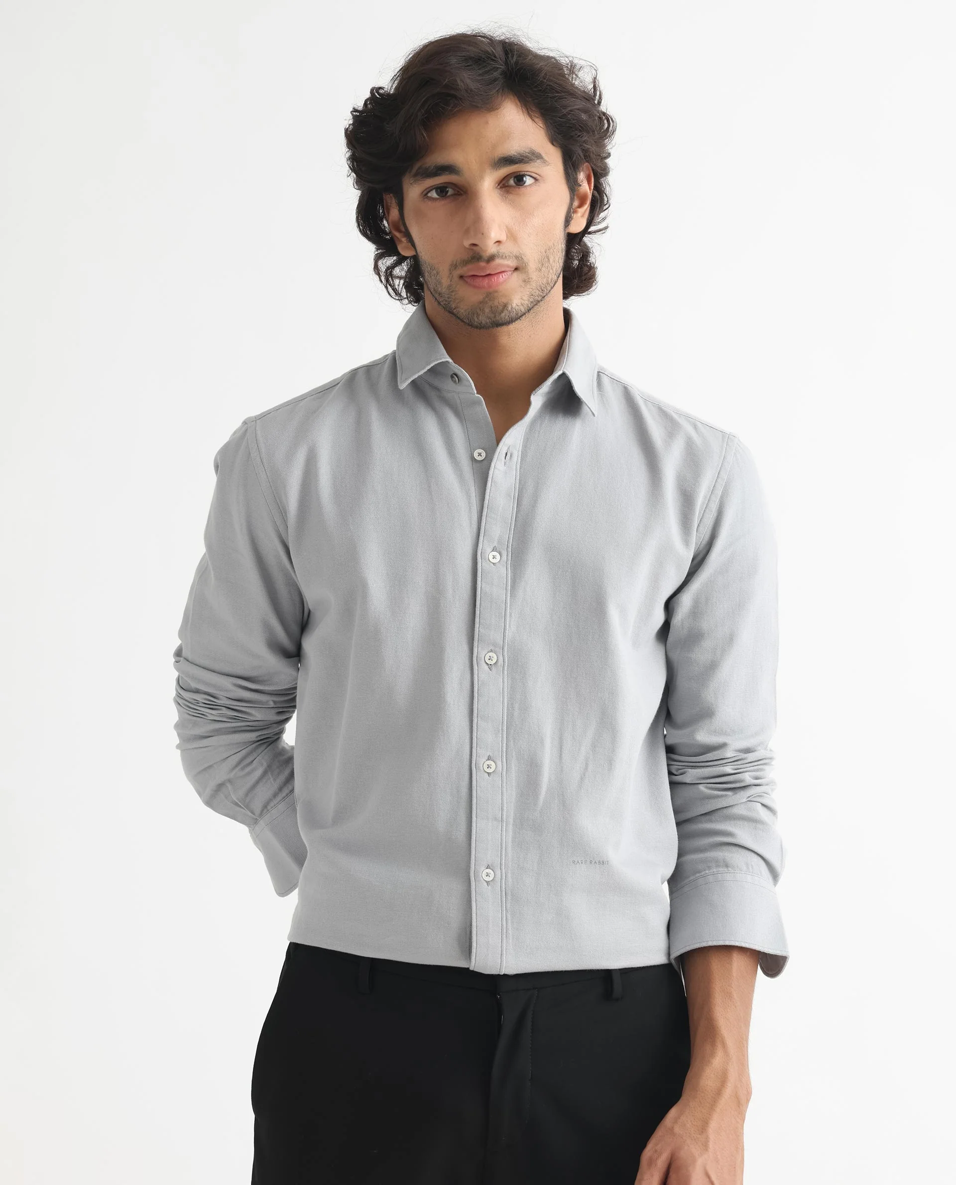 Rare Rabbit Men's Otago Grey Cotton Plain Regular Fit Full Sleeve Collared Shirt - Image 4