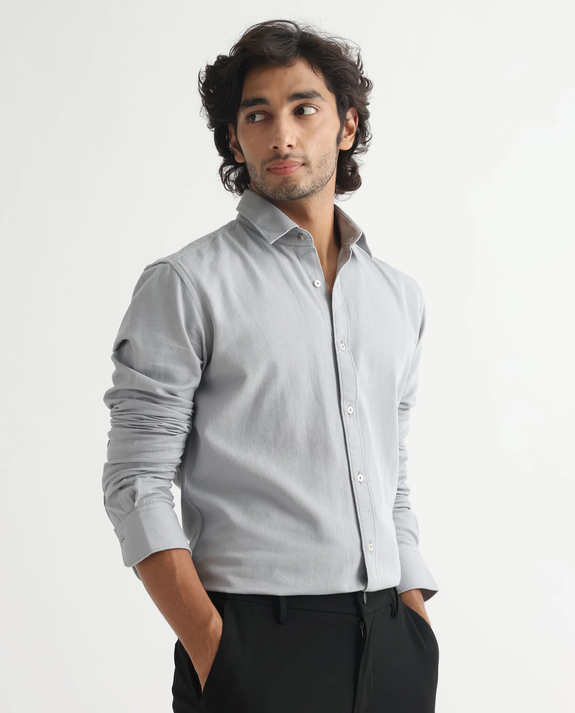 Rare Rabbit Men's Otago Grey Cotton Plain Regular Fit Full Sleeve Collared Shirt - Image 7