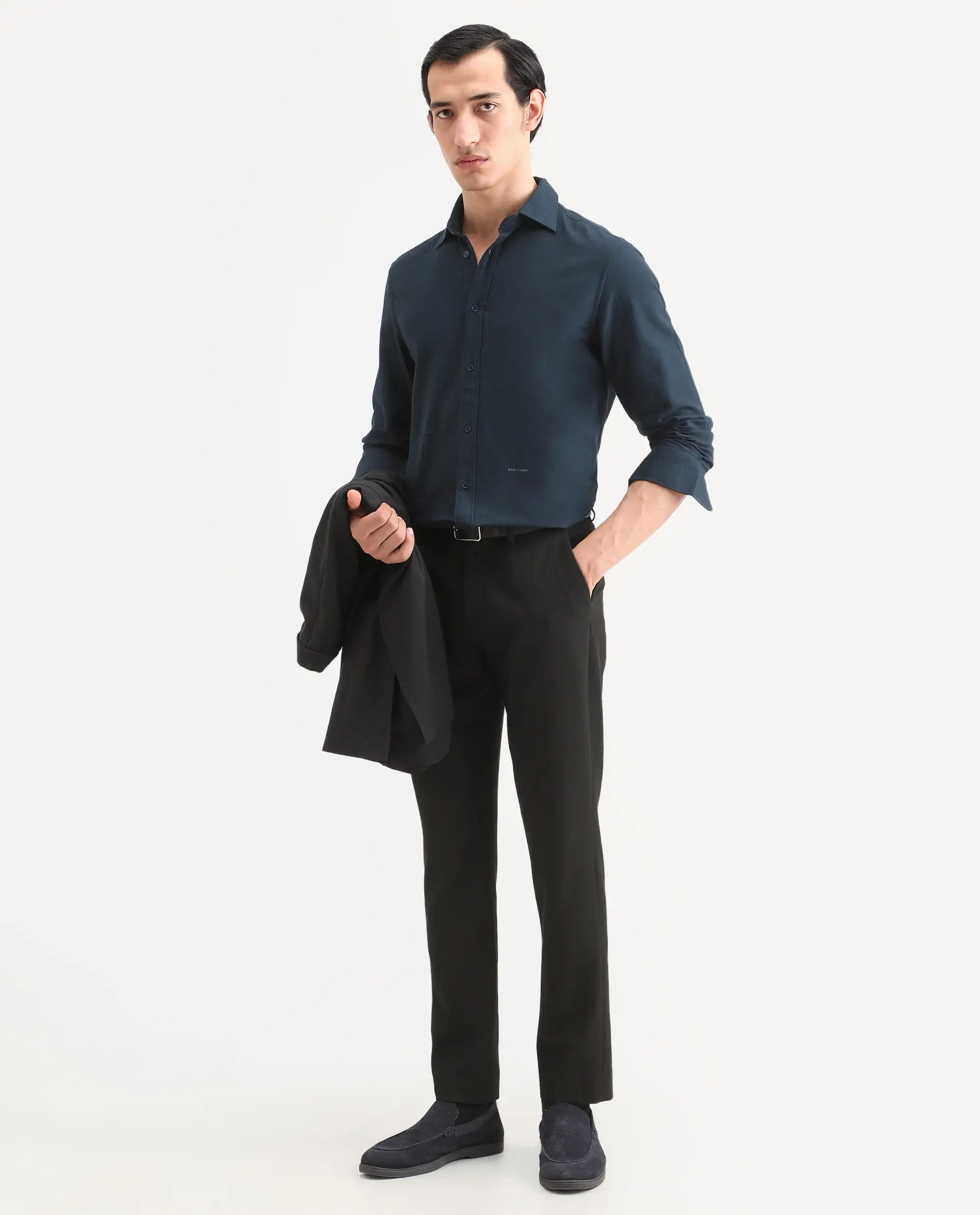 Rare Rabbit Men's Otago Navy Cotton Plain Regular Fit Full Sleeve Collared Shirt - Image 2