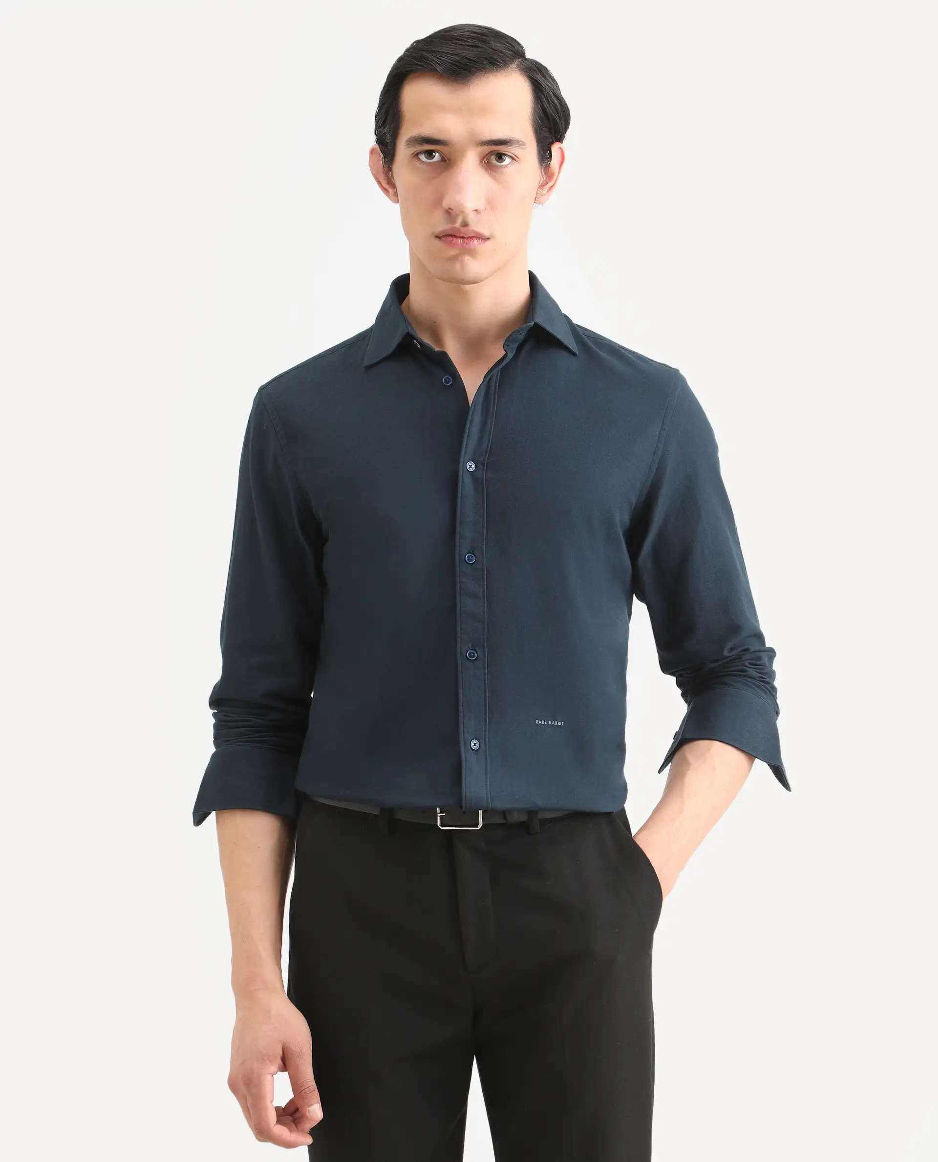 Rare Rabbit Men's Otago Navy Cotton Plain Regular Fit Full Sleeve Collared Shirt - Image 3