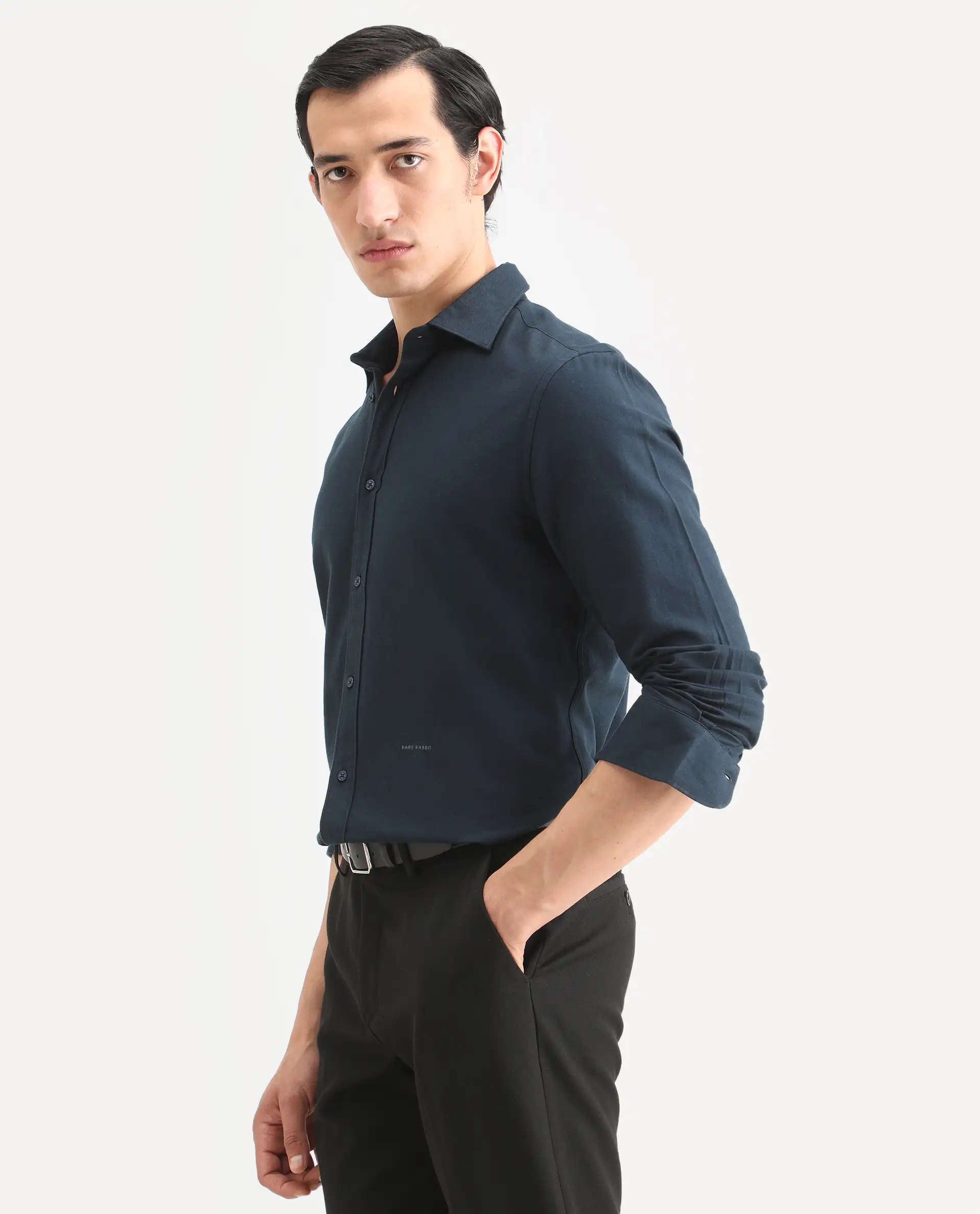 Rare Rabbit Men's Otago Navy Cotton Plain Regular Fit Full Sleeve Collared Shirt - Image 5