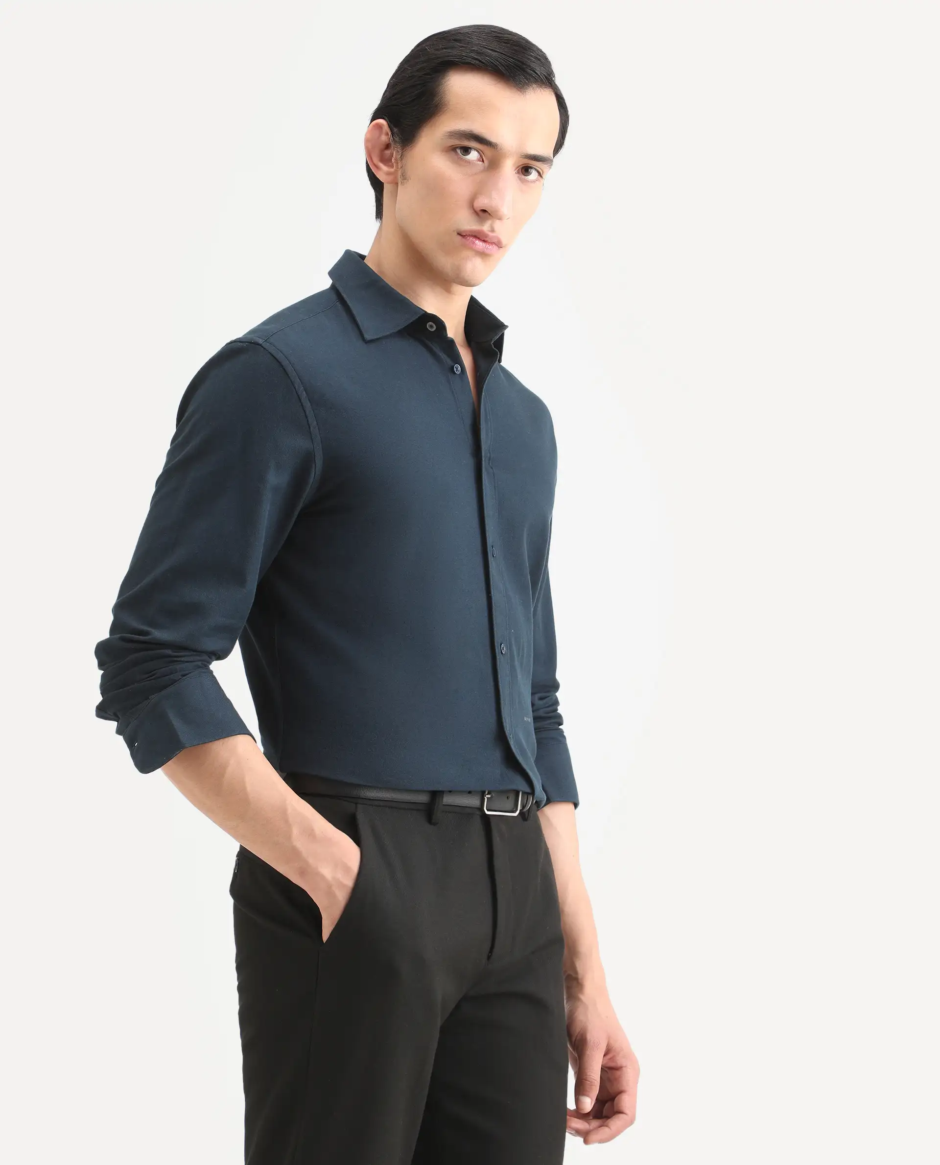 Rare Rabbit Men's Otago Navy Cotton Plain Regular Fit Full Sleeve Collared Shirt - Image 6