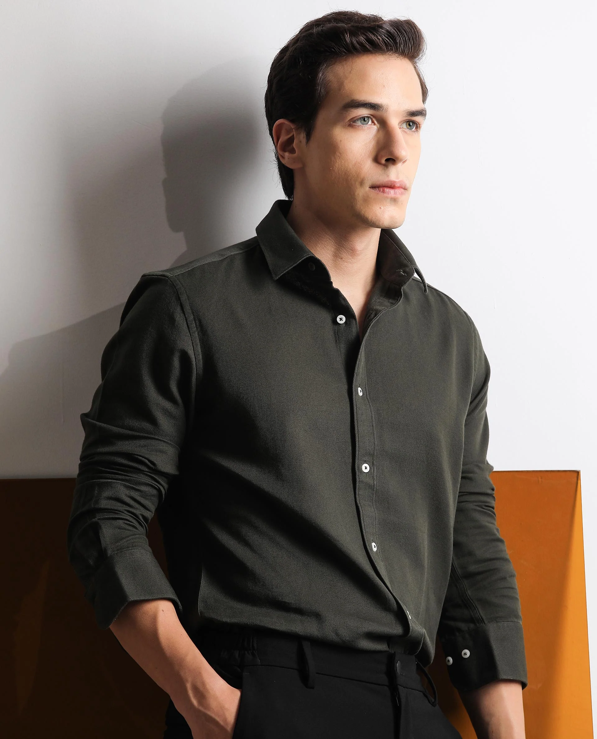 Rare Rabbit Men's Otago Olive Cotton Plain Regular Fit Full Sleeve Collared Shirt - Image 3