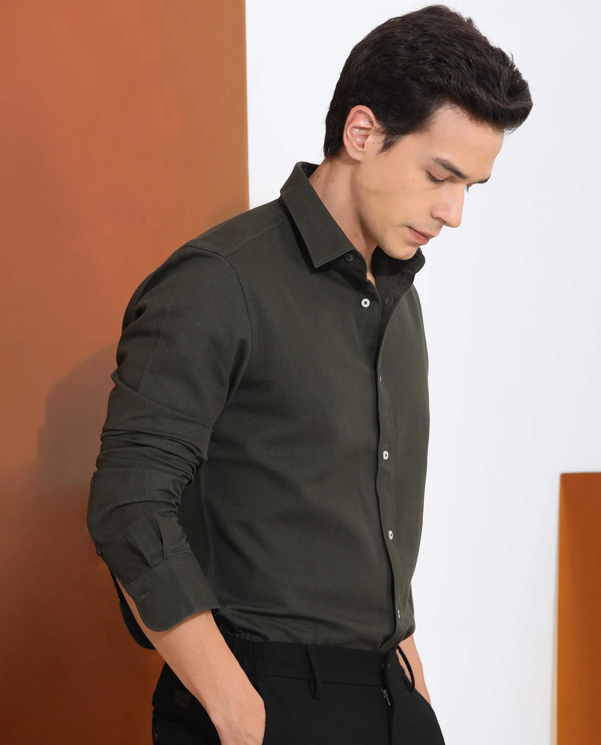 Rare Rabbit Men's Otago Olive Cotton Plain Regular Fit Full Sleeve Collared Shirt - Image 8