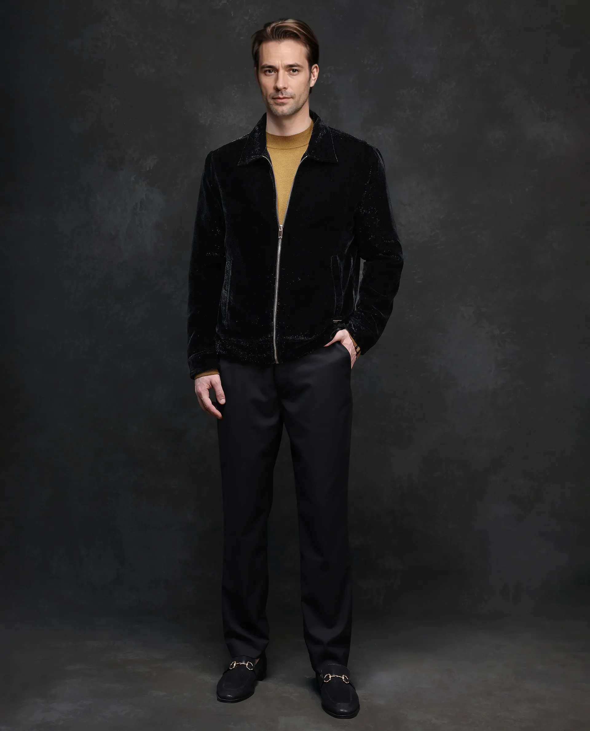 Rare Rabbit Men's Otaki-2 Black Lurex Blend Plain Regular Fit Full Sleeve Spread Collar Jacket - Image 3