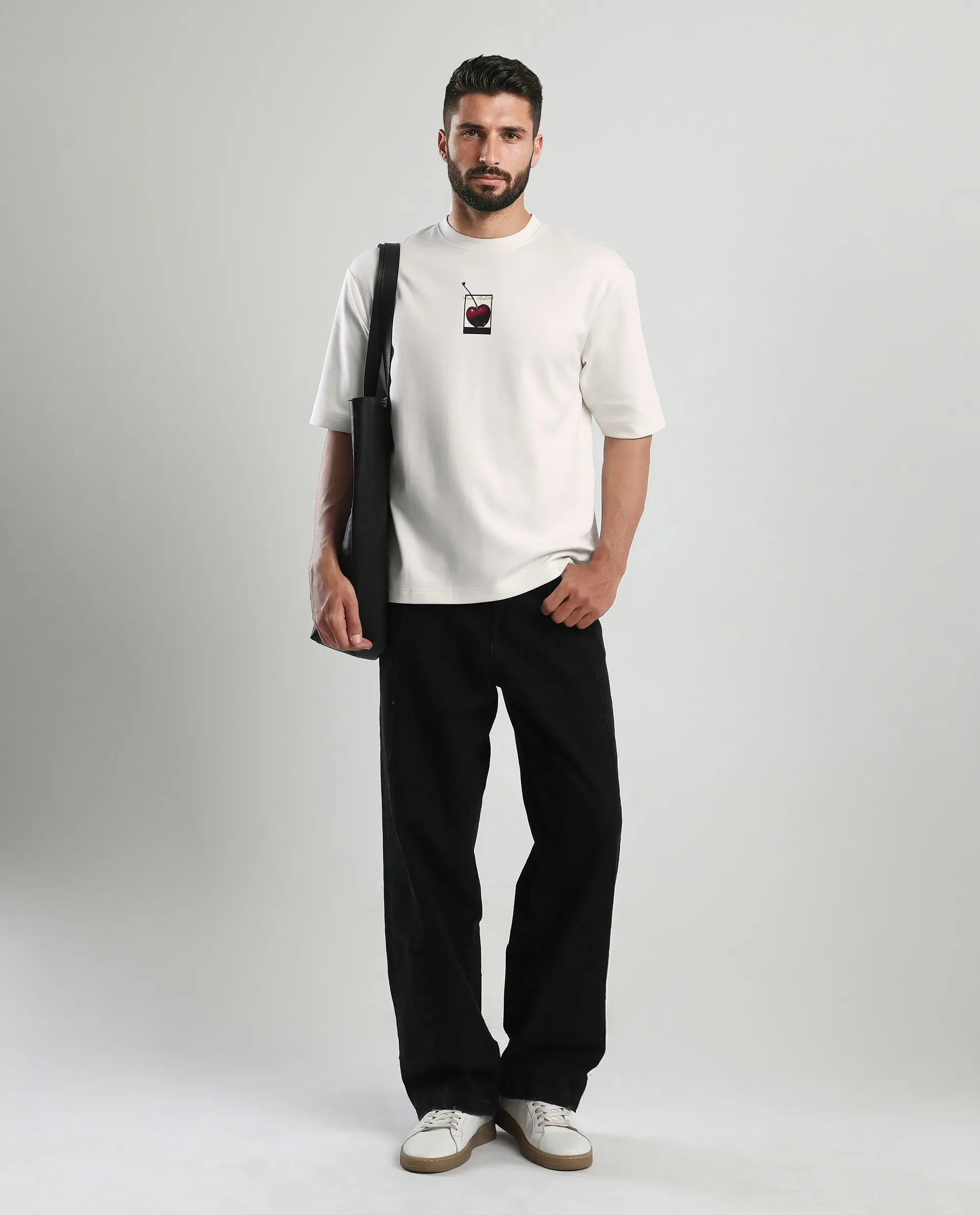 Rare Rabbit Men's Otar Off White Cotton Blend Graphic Print Regular Fit Half Sleeve Crew Neck T-Shirt - Image 2