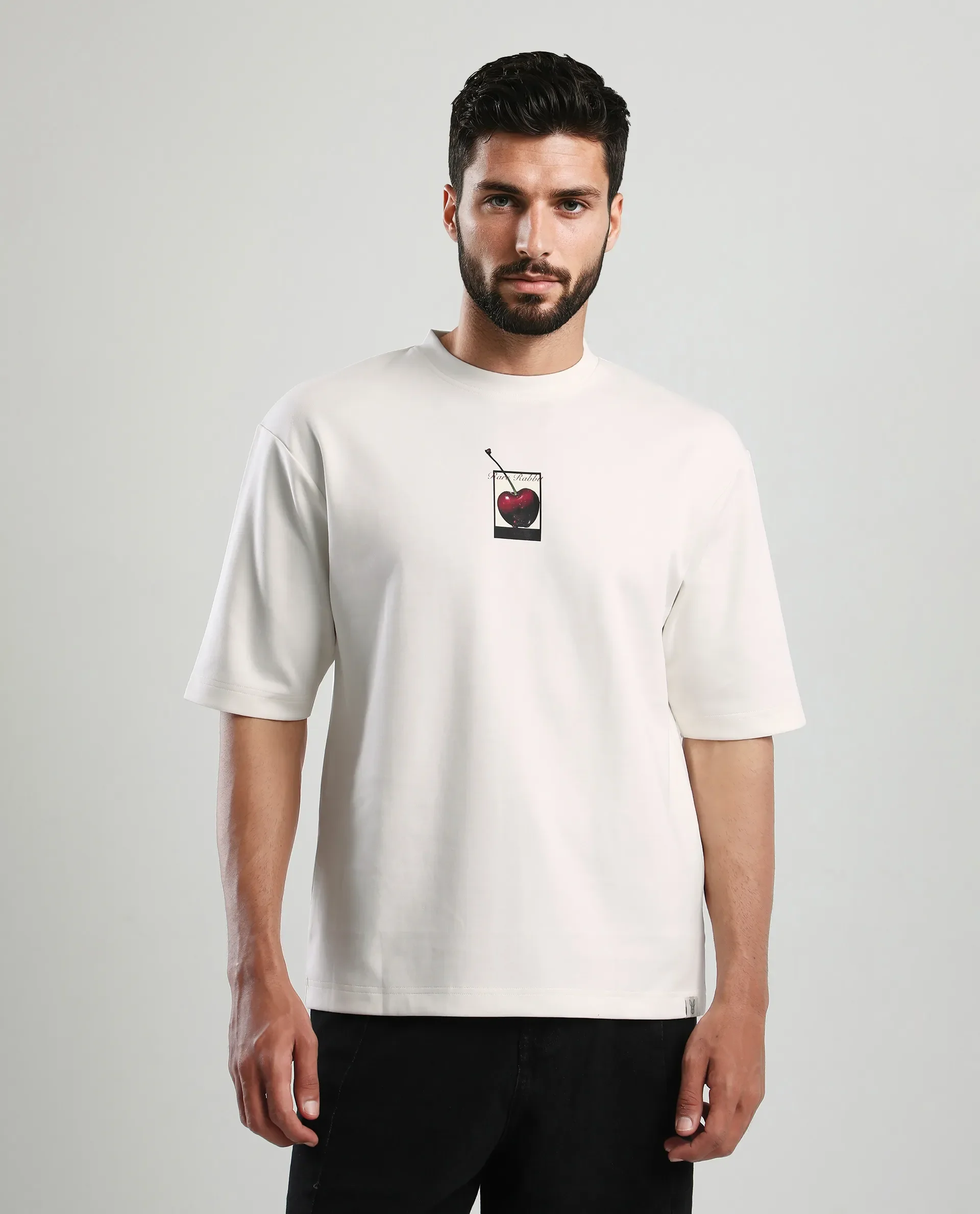 Rare Rabbit Men's Otar Off White Cotton Blend Graphic Print Regular Fit Half Sleeve Crew Neck T-Shirt - Image 4